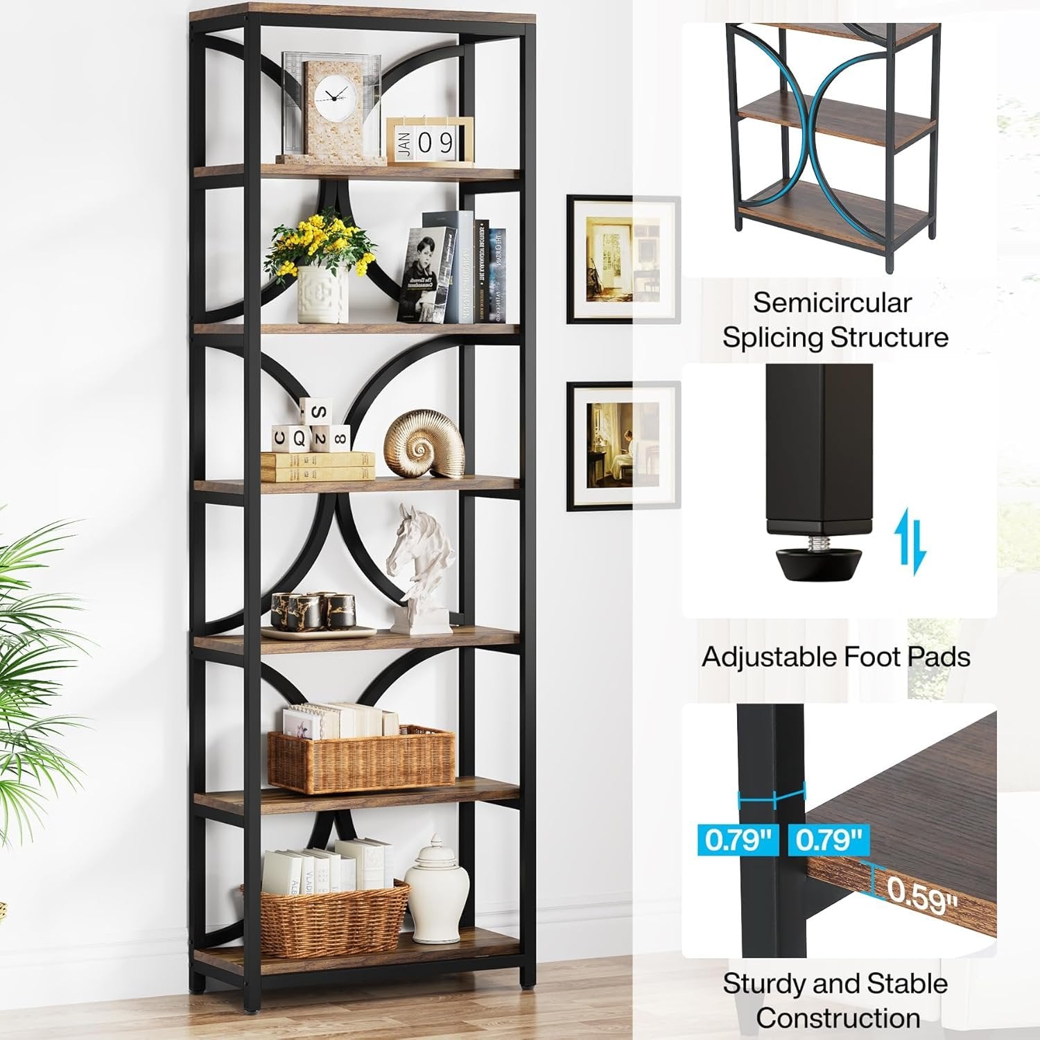 200 cm Hoge Boekenkast, Industriële Boekenplank met Zes Planken voor Woonkamer en Kantoor