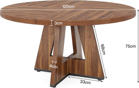 120 cm Ronde boeren eettafel, bruin houten tafelblad voor 4 personen in keuken of woonkamer