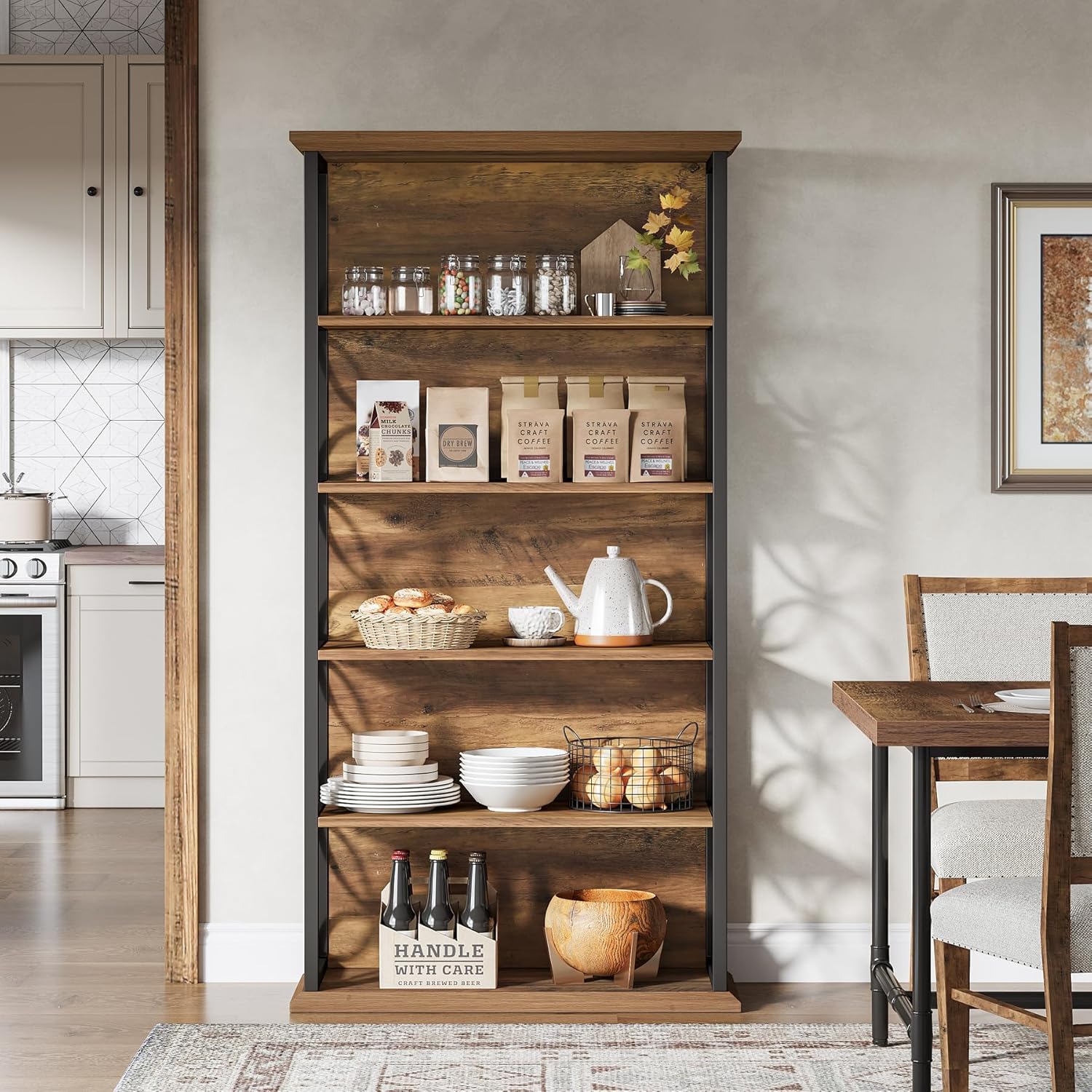 180 cm Industriële Boekenkast, 6 Open Rekken met Metaal Frame voor Elke Ruimte