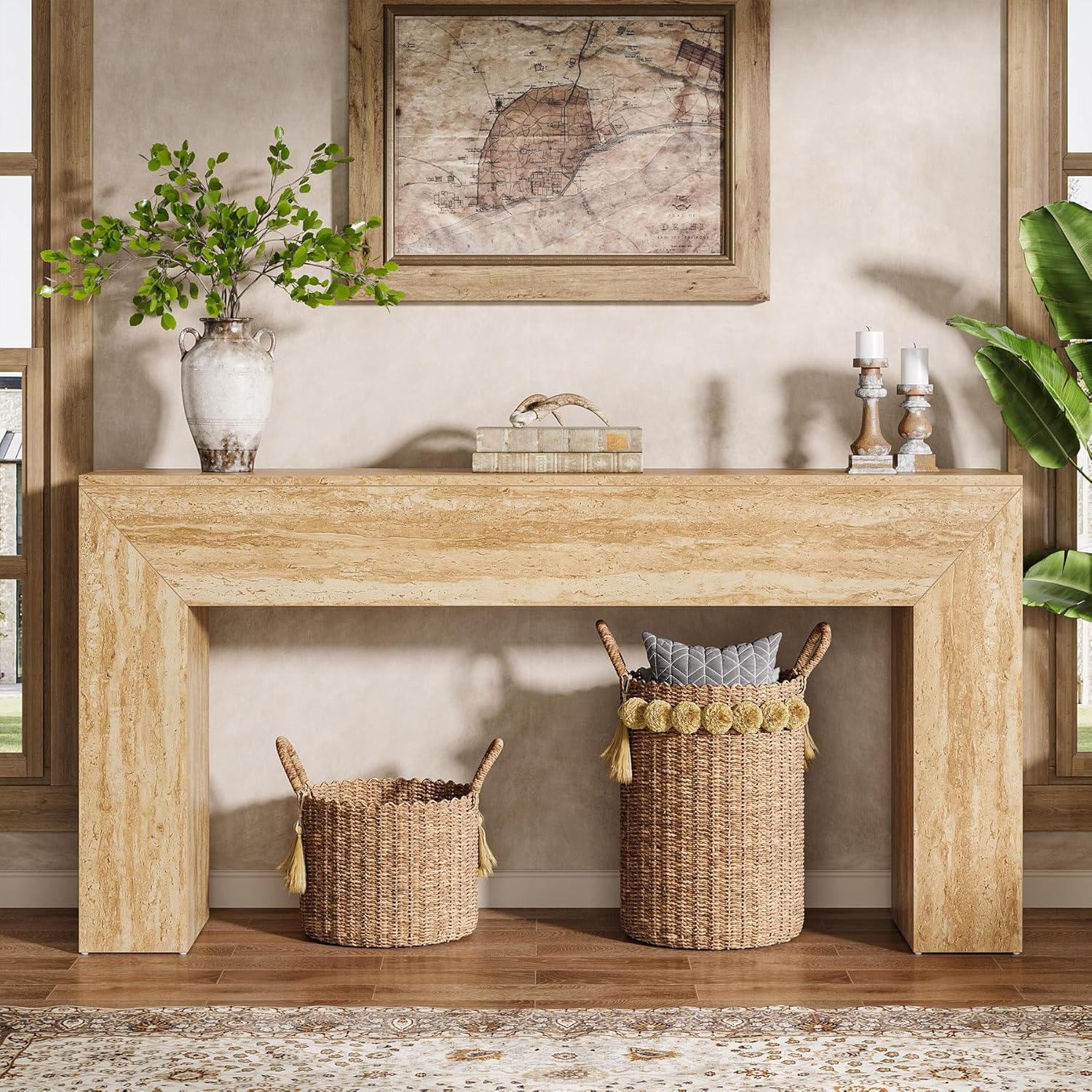 160 cm Moderne Houten Salontafel met Faux Travertine Afwerking, Smalle Banktafel voor Achter de Bank in Woonkamer