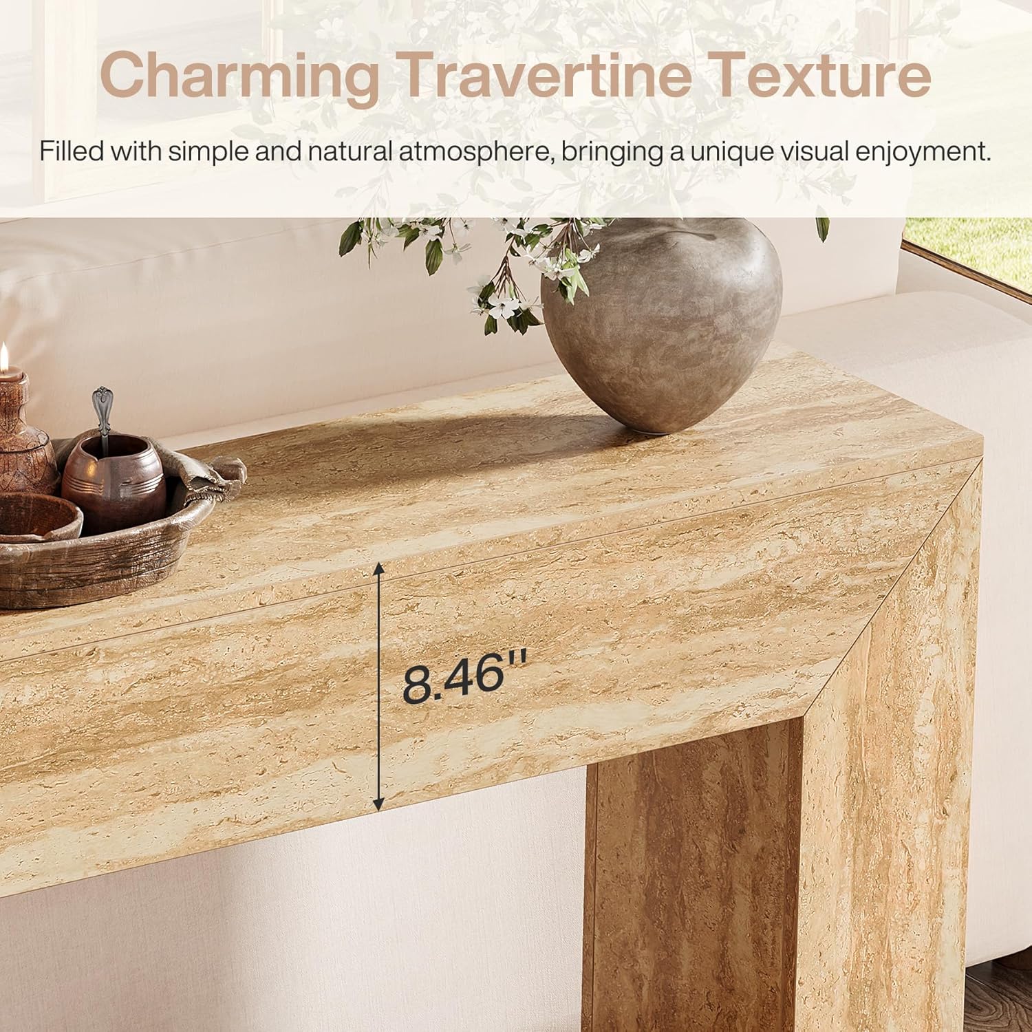 160 cm Moderne Houten Salontafel met Faux Travertine Afwerking, Smalle Banktafel voor Achter de Bank in Woonkamer