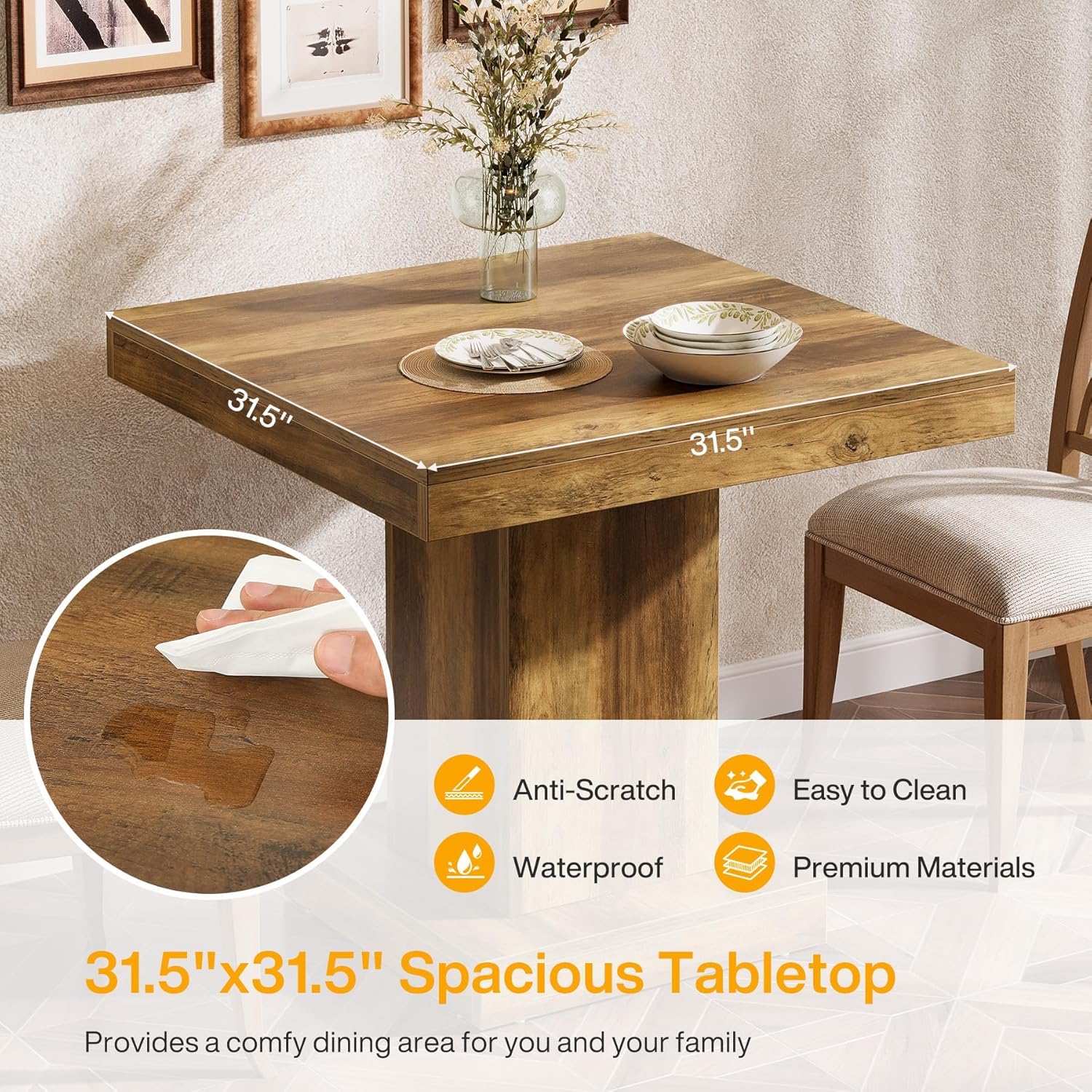 Tribesigns Vierkante Eettafel 80 cm voor 4 Personen, Rustieke Houten Keukentafel met Stevige Basis, Ideaal voor Kleine Ruimtes