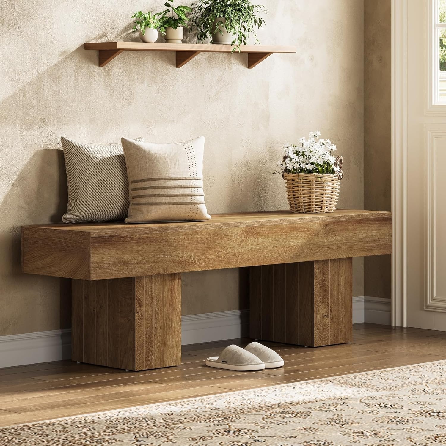 140 cm Eetkamerbank van Hout in Landelijke Stijl, Multifunctionele Binnenbank voor Slaapkamer en Hal