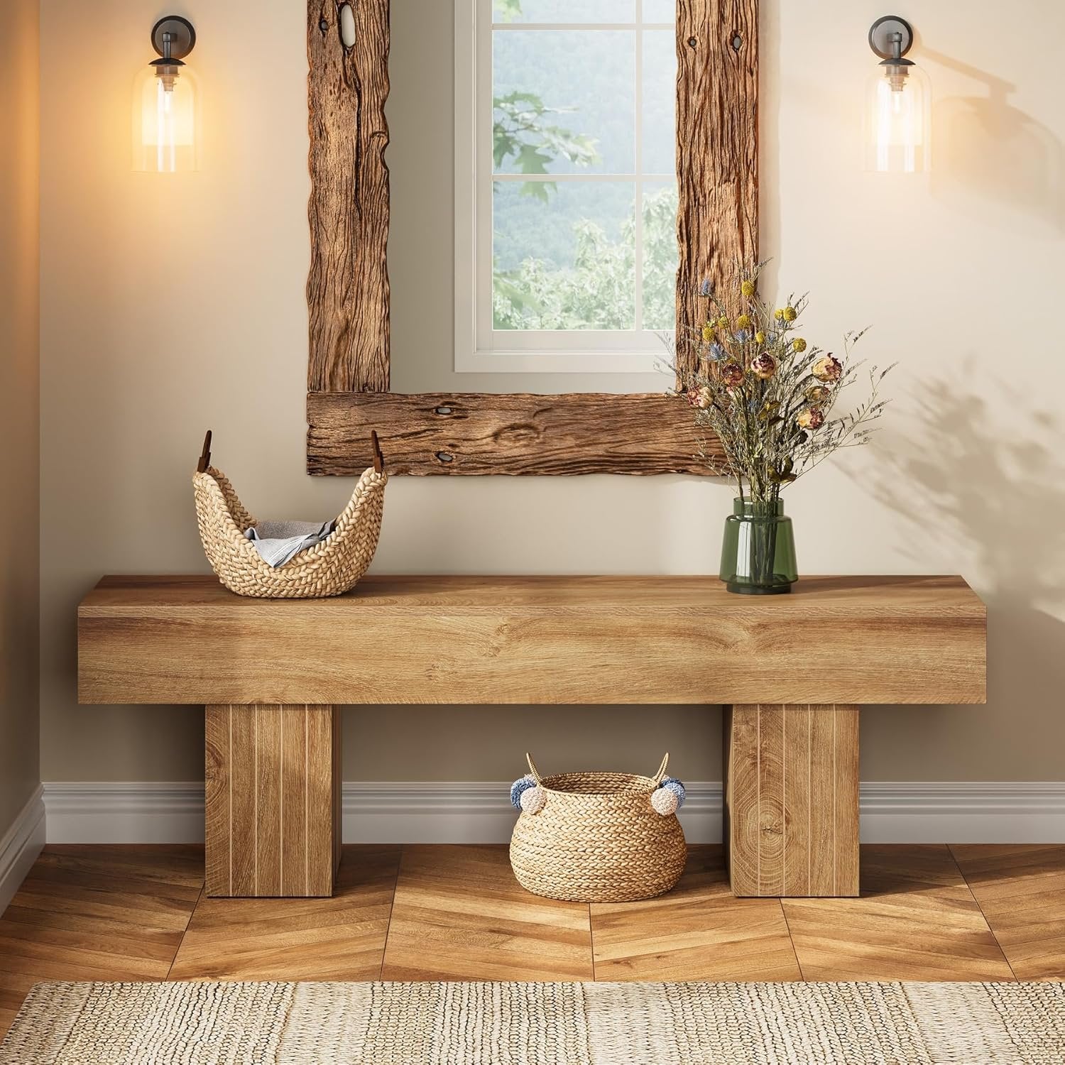 140 cm Eetkamerbank van Hout in Landelijke Stijl, Multifunctionele Binnenbank voor Slaapkamer en Hal