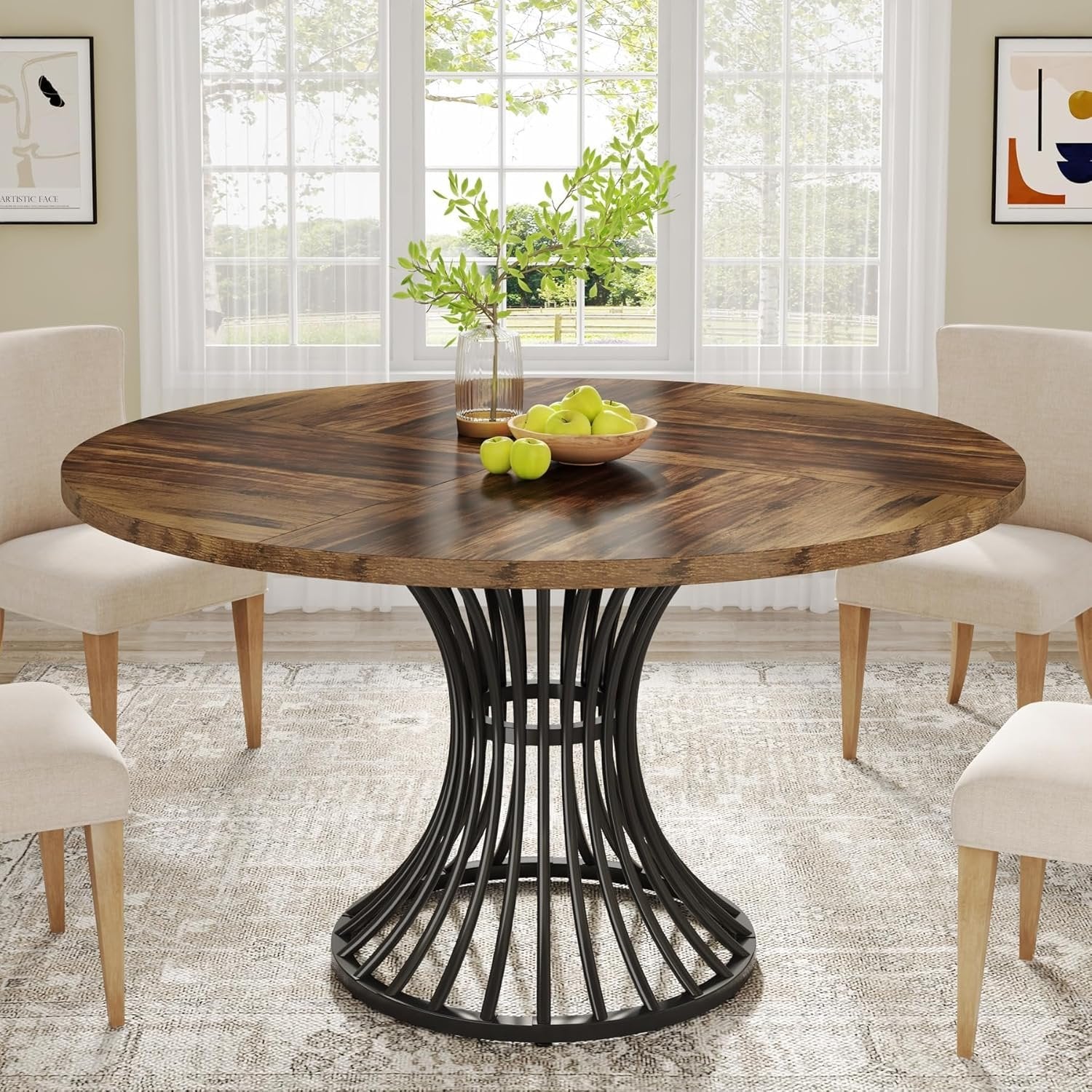 119 cm Ronde Industriële Eettafel, Voor 4-6 Personen met Metalen Frame in Zwart en Bruin