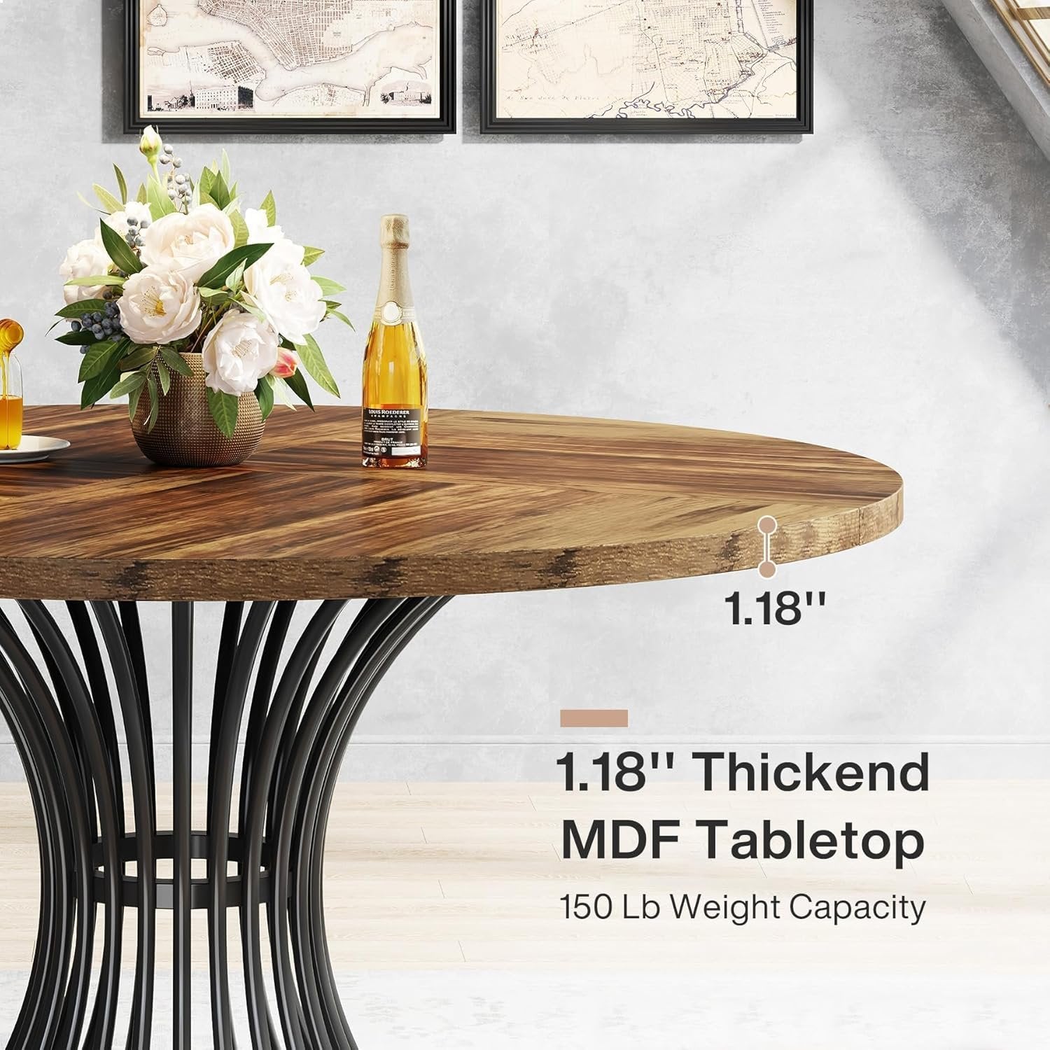 119 cm Ronde Industriële Eettafel, Voor 4-6 Personen met Metalen Frame in Zwart en Bruin