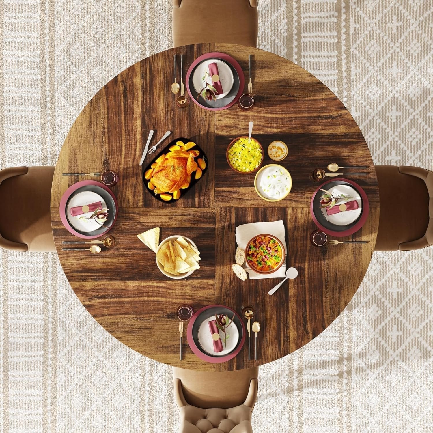 119 cm Ronde Industriële Eettafel, Voor 4-6 Personen met Metalen Frame in Zwart en Bruin