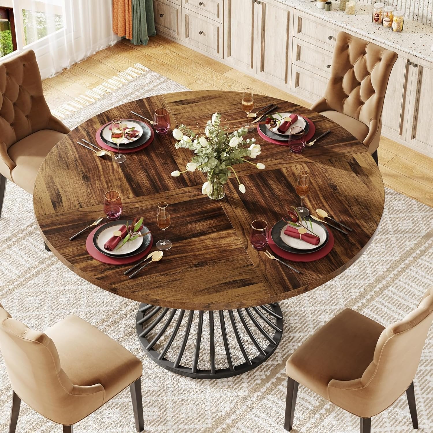 119 cm Ronde Industriële Eettafel, Voor 4-6 Personen met Metalen Frame in Zwart en Bruin