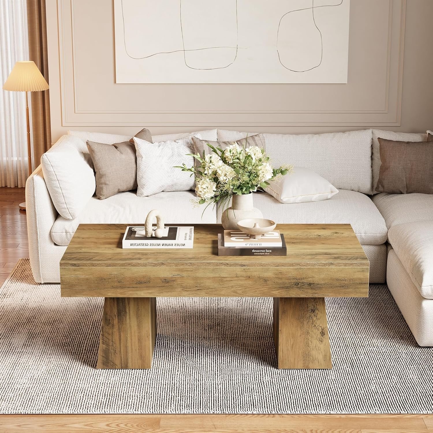 120 cm Landelijke Salontafel, Moderne Lage Woonkamertafel met Dikke Onderbouw
