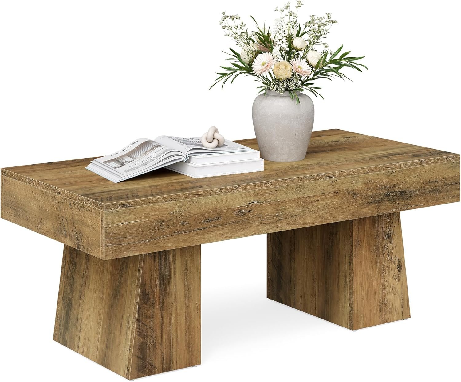 120 cm Landelijke Salontafel, Moderne Lage Woonkamertafel met Dikke Onderbouw
