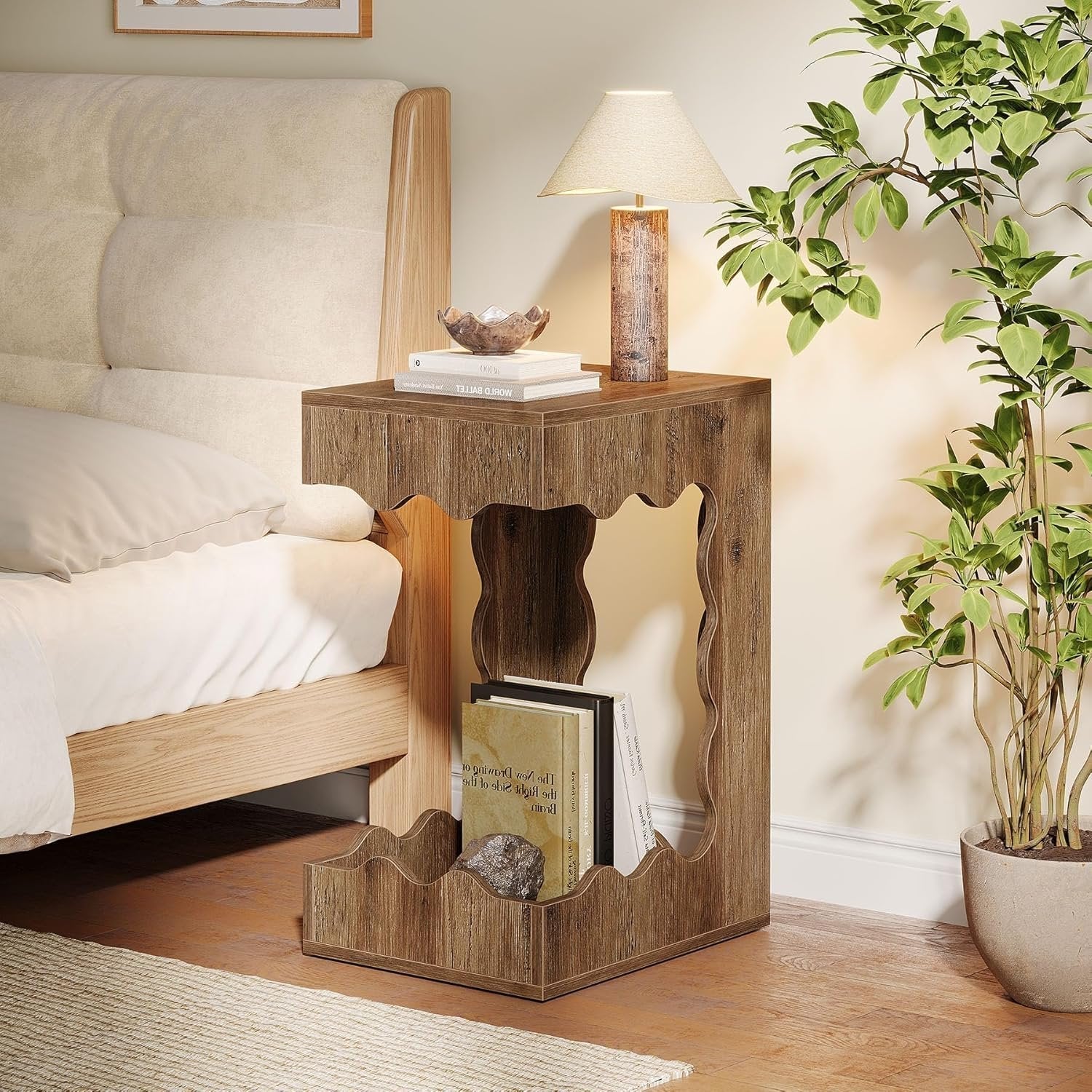 65 cm C-Vormige Bijzettafel, Landelijke Nachtkast voor Woonkamer en Slaapkamer