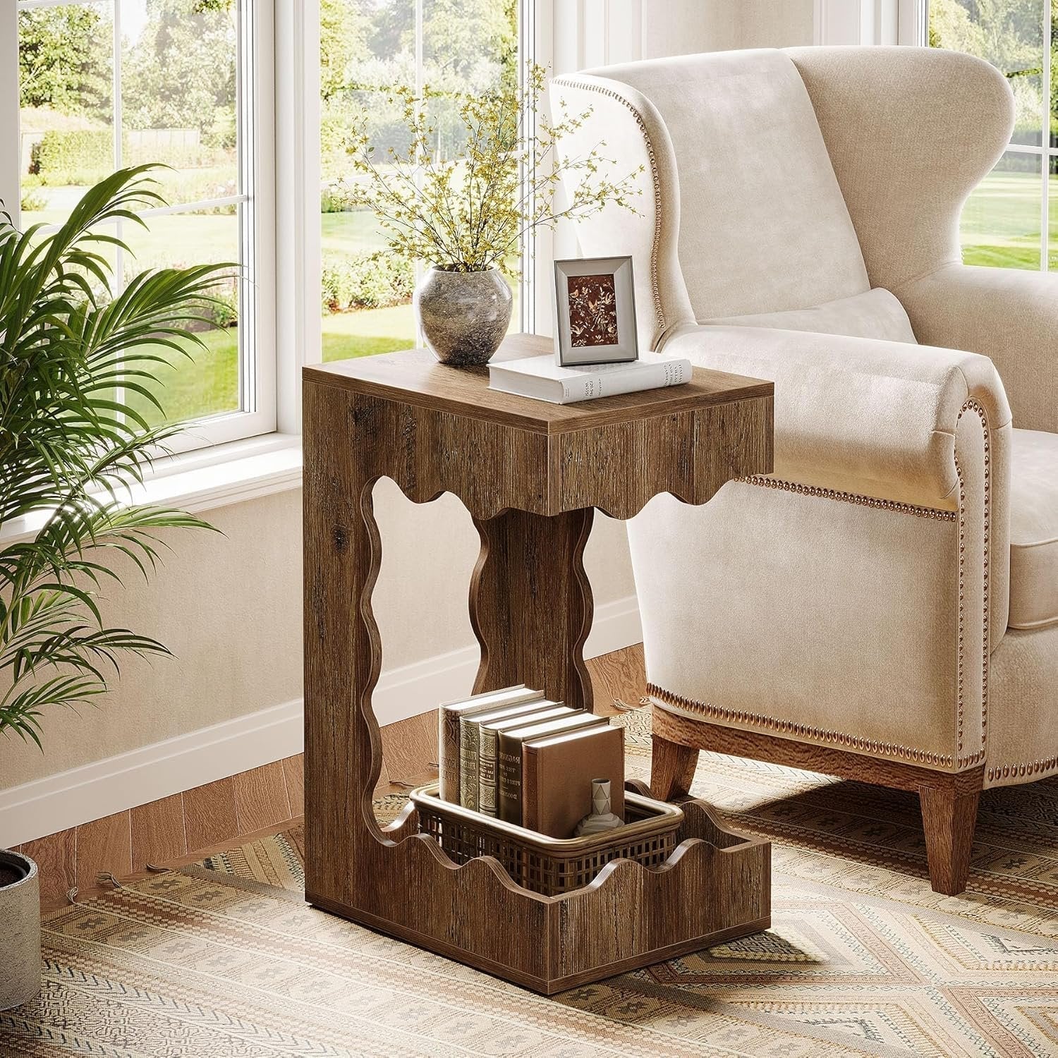 65 cm C-Vormige Bijzettafel, Landelijke Nachtkast voor Woonkamer en Slaapkamer