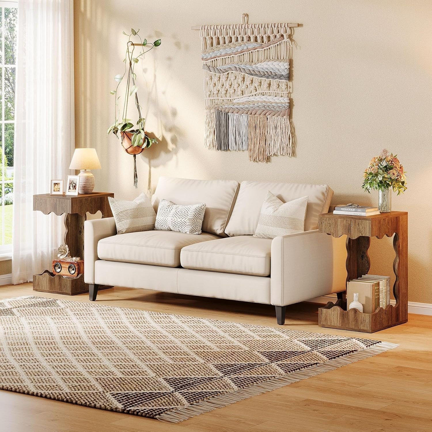 65 cm C-Vormige Bijzettafel, Landelijke Nachtkast voor Woonkamer en Slaapkamer