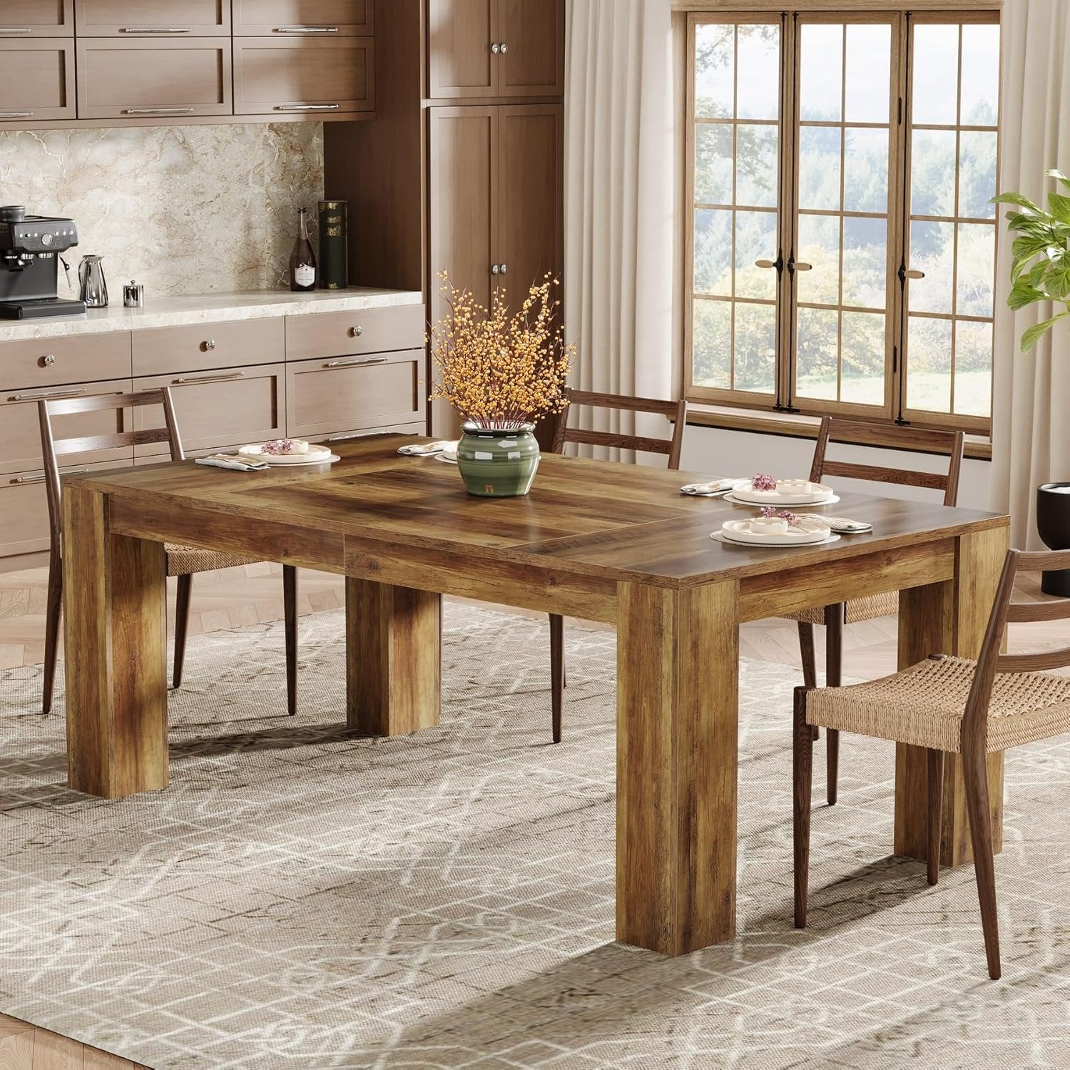 Eettafel van 160 cm voor 4–6 Personen, Rechthoekige Houten Keukentafel in Landelijke Stijl