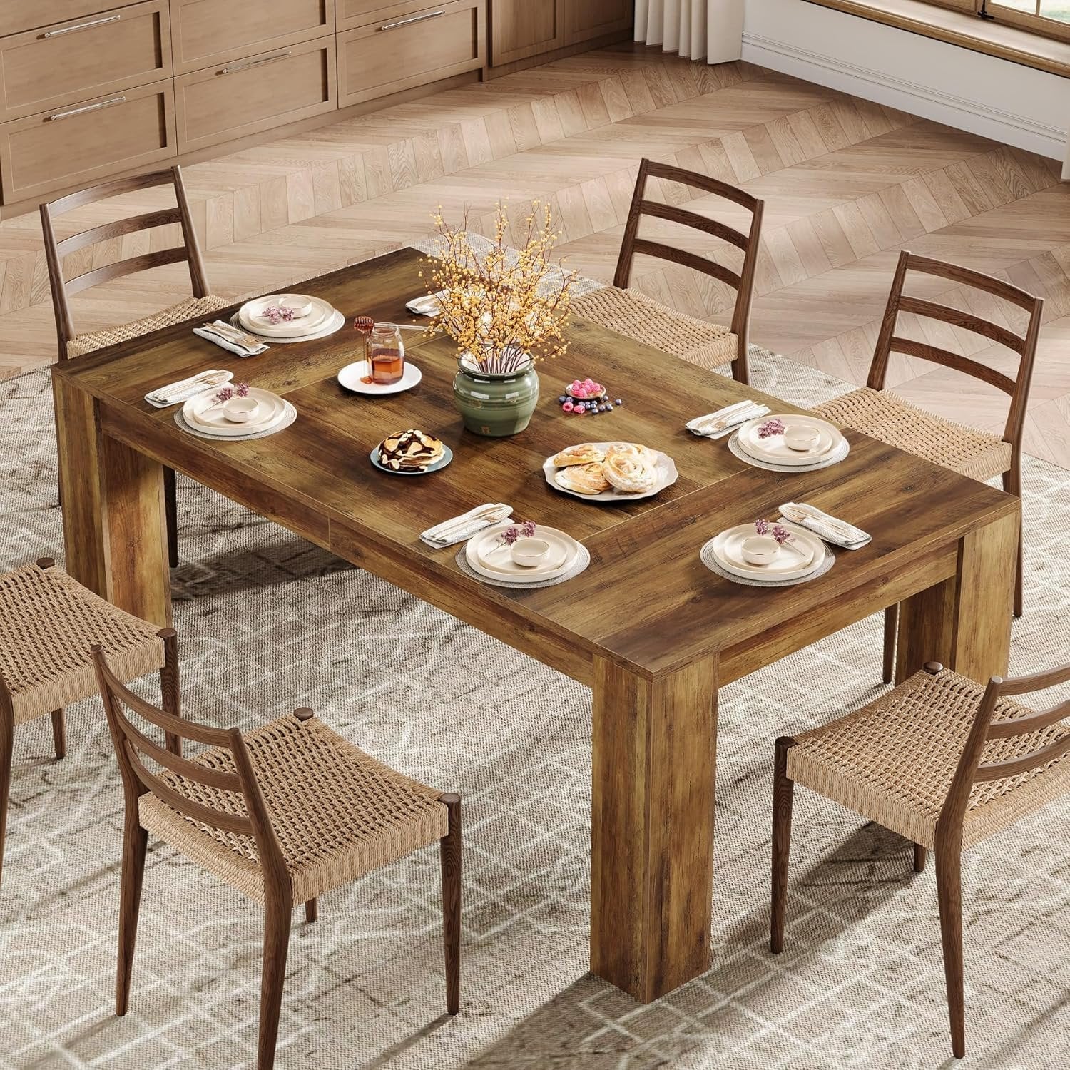 Eettafel van 160 cm voor 4–6 Personen, Rechthoekige Houten Keukentafel in Landelijke Stijl