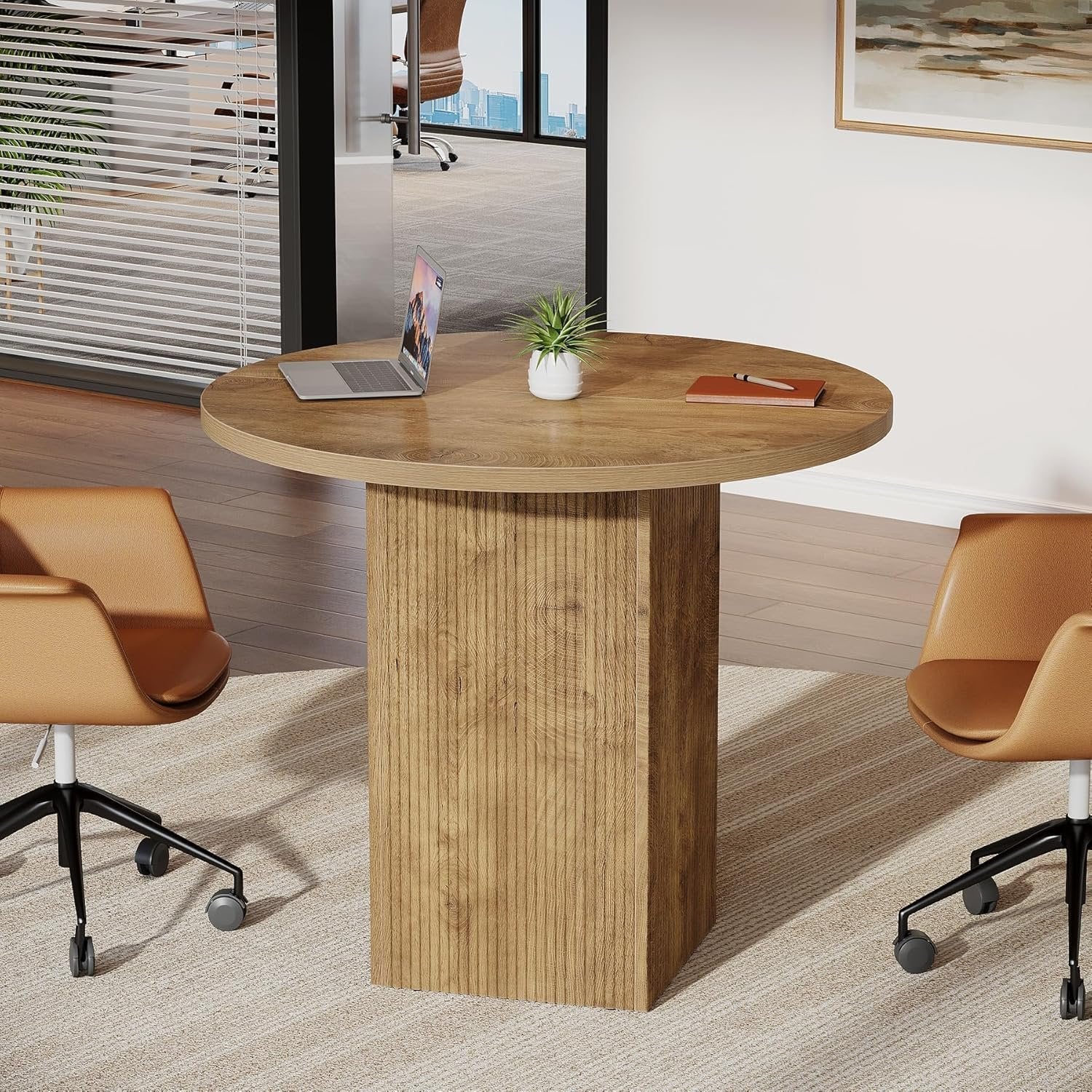 80 cm Tribesigns Ronde Vergadertafel, Met Houten Gecanneleerde Voet voor Ruimtebesparing