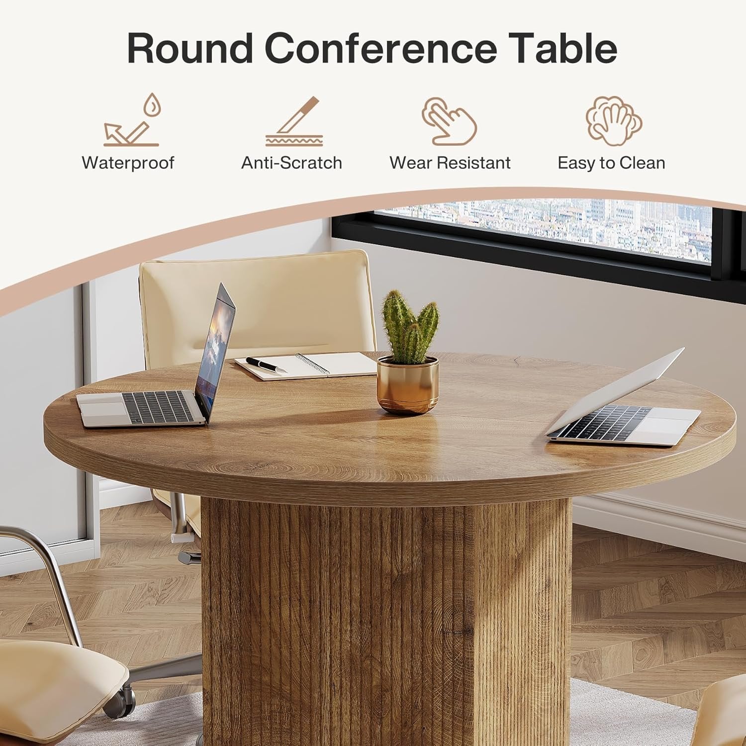 80 cm Tribesigns Ronde Vergadertafel, Met Houten Gecanneleerde Voet voor Ruimtebesparing