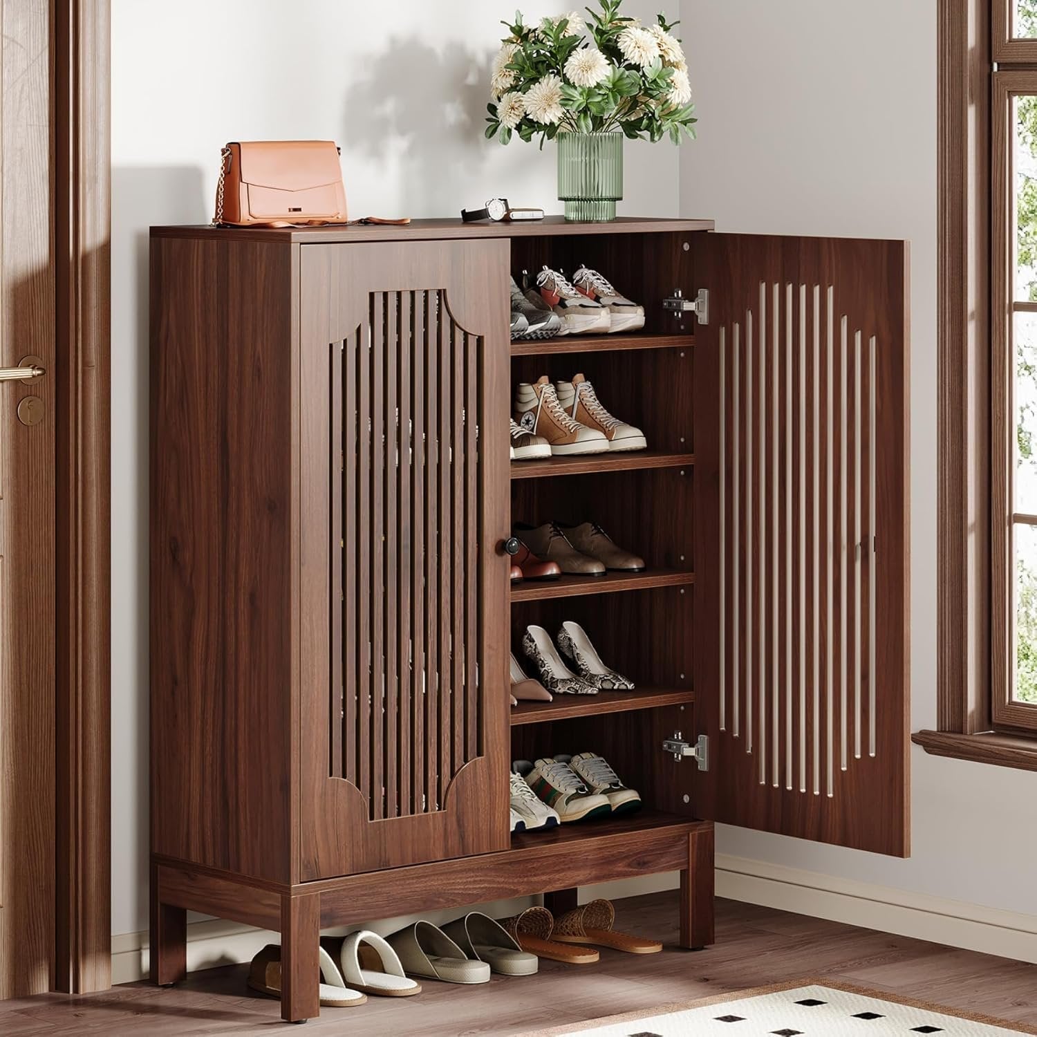 110 cm Tribesigns Schoenenkast met Lamellendeuren, Houten Schoenenrek voor Entree en Hal