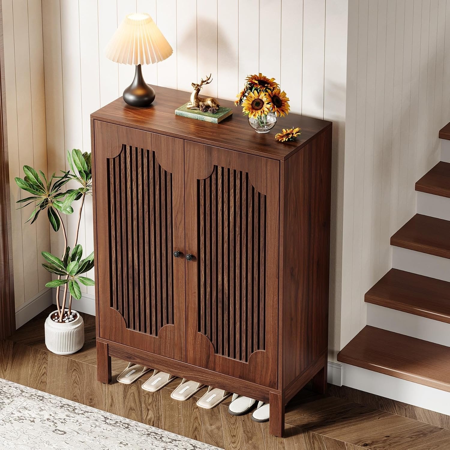 110 cm Tribesigns Schoenenkast met Lamellendeuren, Houten Schoenenrek voor Entree en Hal