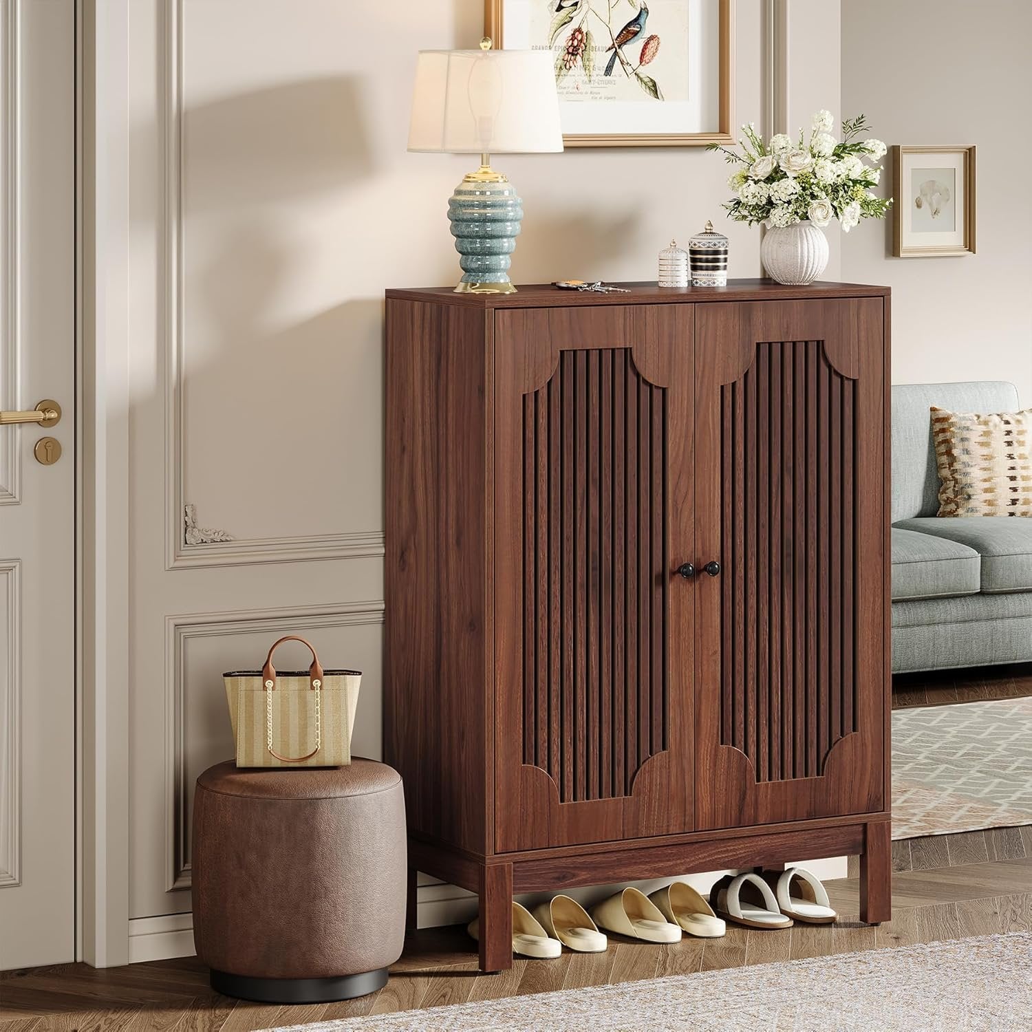 110 cm Tribesigns Schoenenkast met Lamellendeuren, Houten Schoenenrek voor Entree en Hal