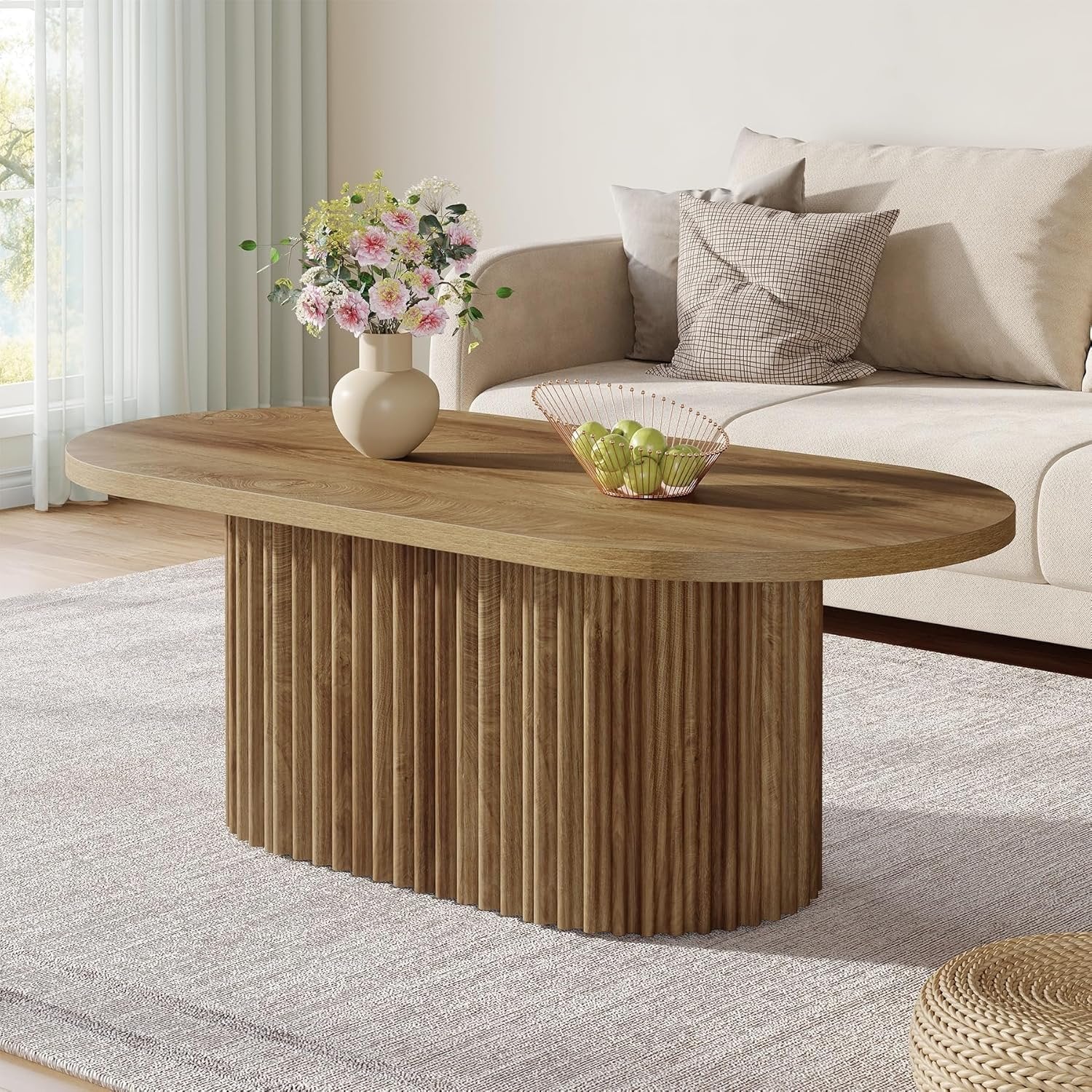 120 cm Ovale Salontafel in Landelijke Stijl, Houten Centertafel met Geribbelde Afwerking