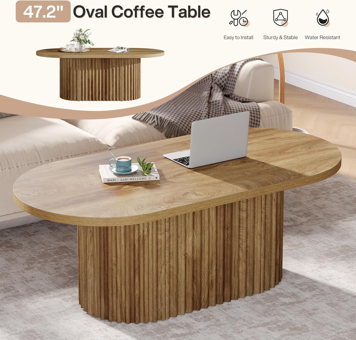 120 cm Ovale Salontafel in Landelijke Stijl, Houten Centertafel met Geribbelde Afwerking