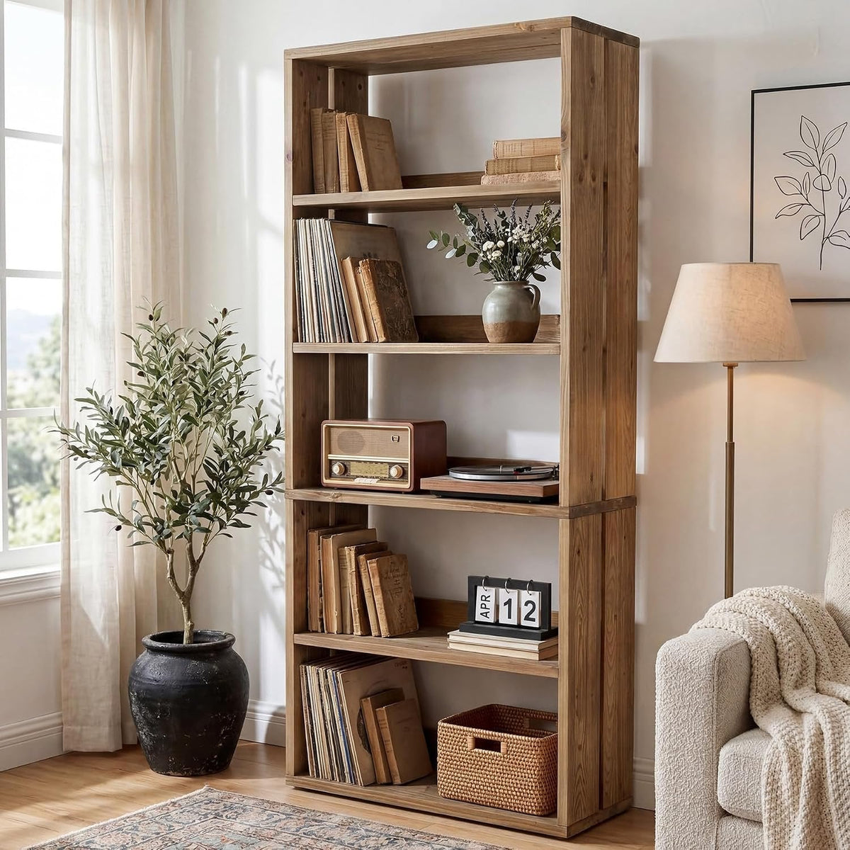 Tribesigns massief houten boekenkast 180 cm, met 5 open niveaus