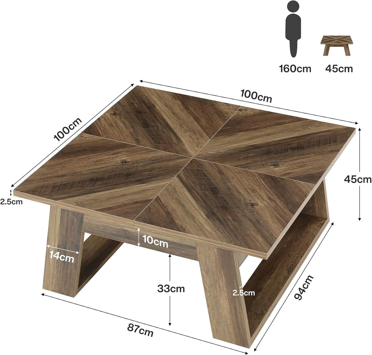 Tribesigns Vierkante salontafel van 100 cm, landelijke salontafel voor de woonkamer