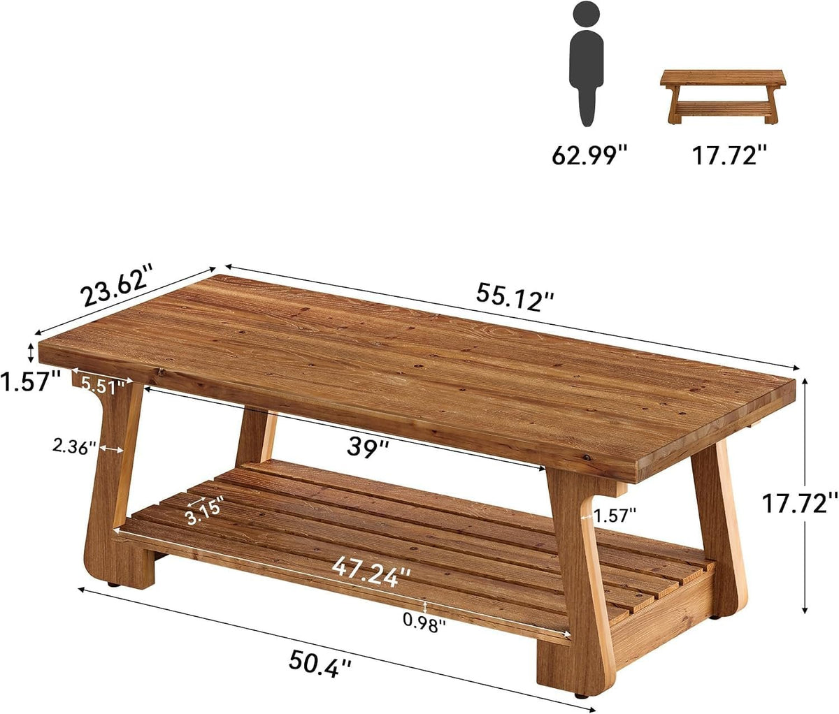 Tribesigns salontafel van massief hout met twee niveaus, woonkamertafel in landelijke stijl