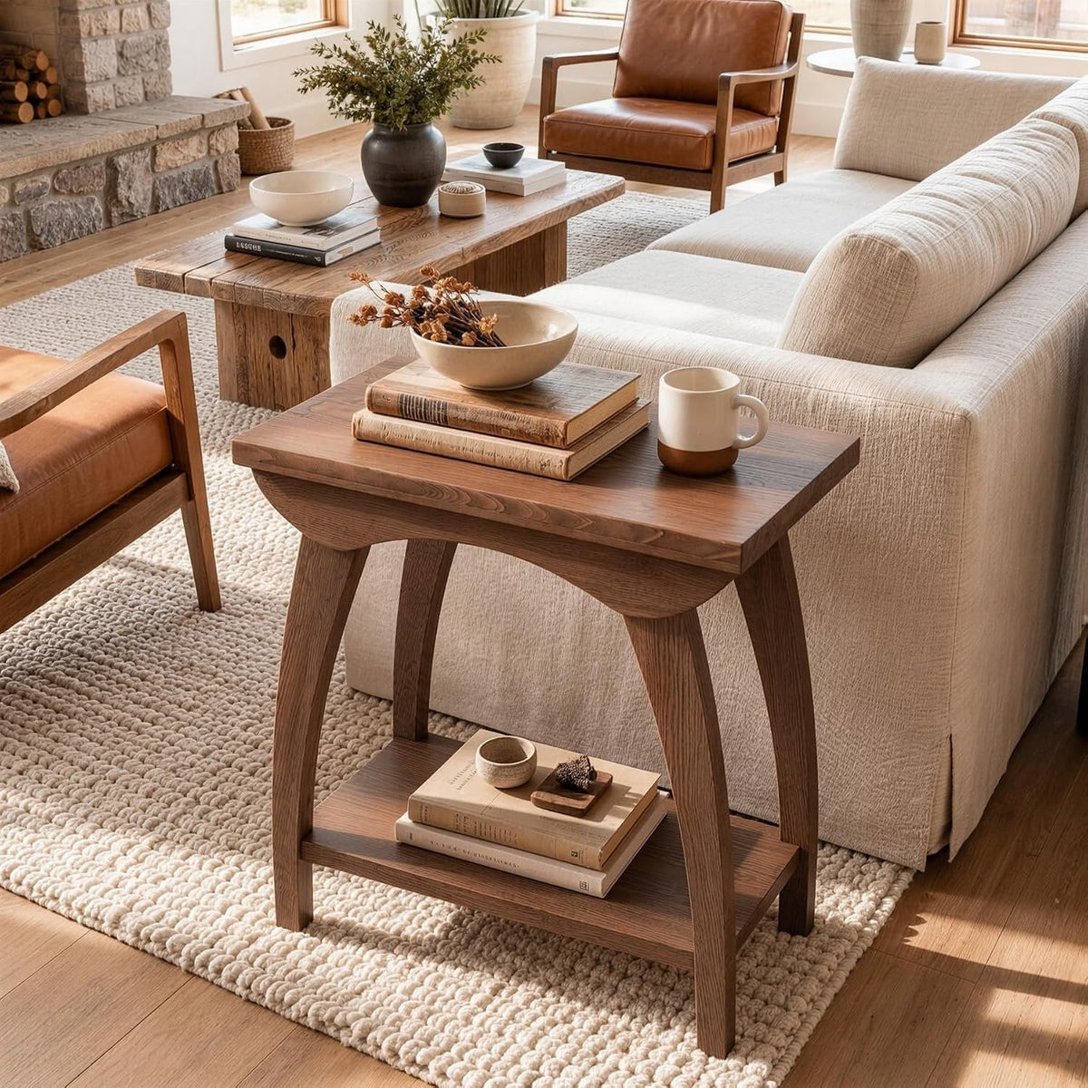 Tribesigns 60 cm ronde bijzettafel van massief hout met 2 legplanken