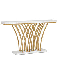 150 cm Gouden Consoletafel, Moderne Entreetafel met Raster Basis voor Hal en Woonkamer