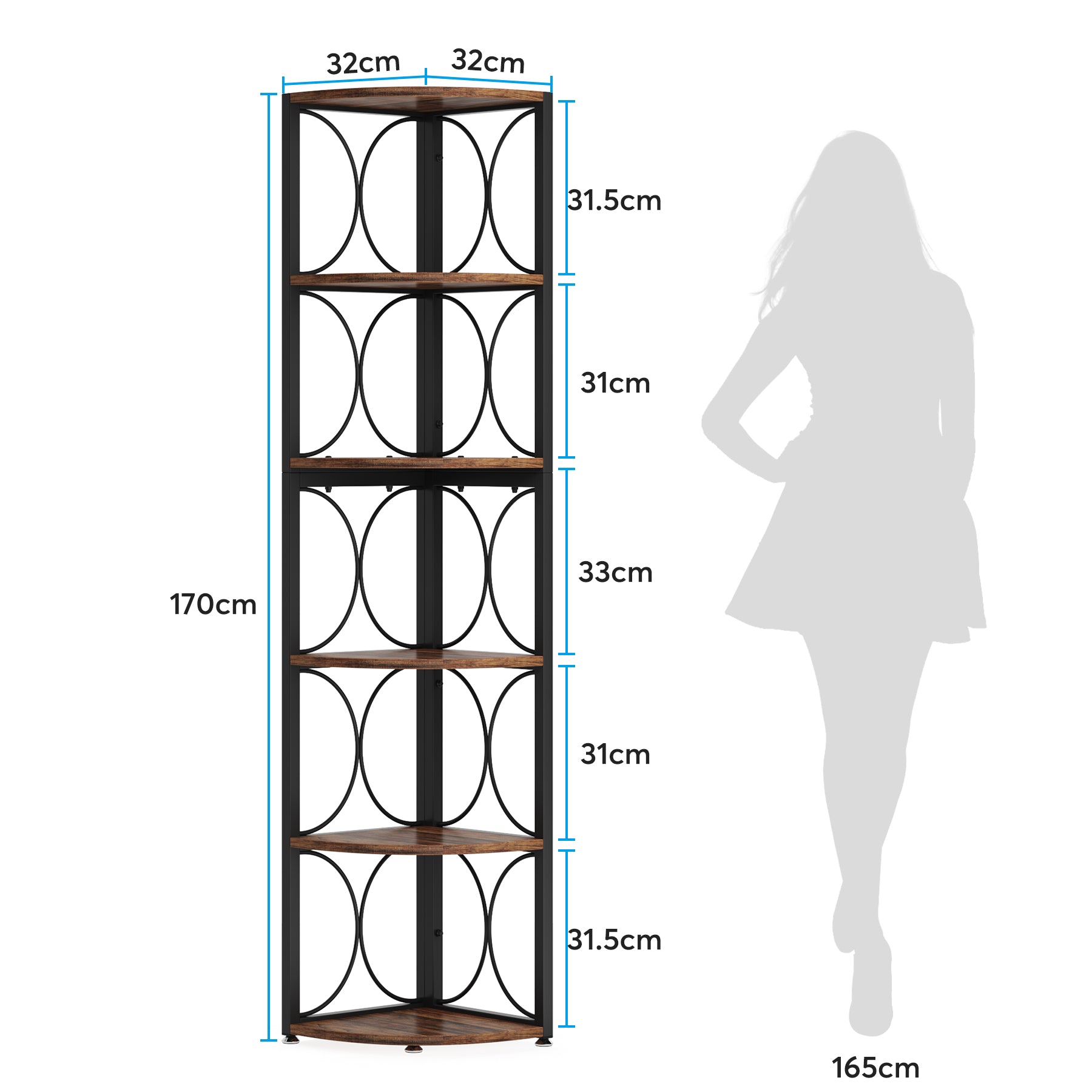 170 cm Tribesigns Hoekboekenkast, 6-Lags Rustieke Boekenplank voor Kleine Ruimtes