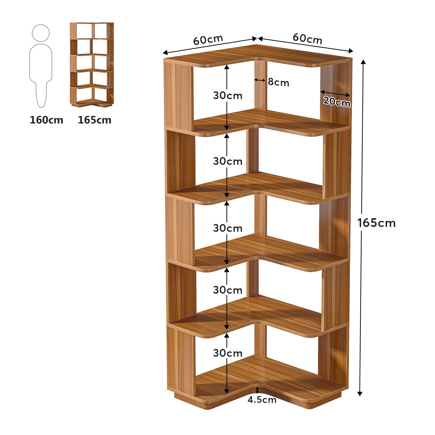 60 cm Hoge 6-Lags Hoekboekenkast, Industrieel L-vormig Boekenrek met Anti-Val Paneel en Houtnerf Afwerkings
