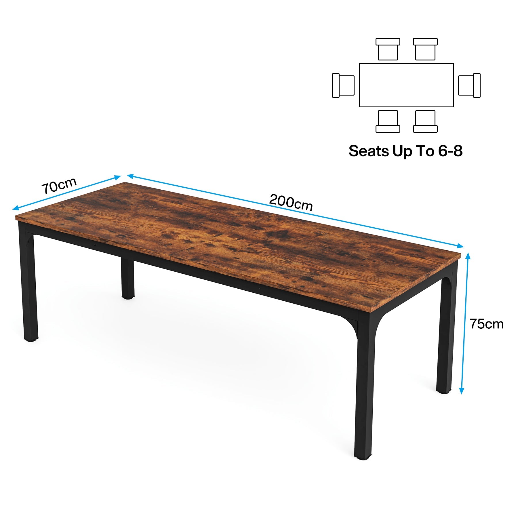 200x70 cm Tribesigns Eettafel, Industrieel Keukenblad met Metalen Poten voor 6-8 Personen