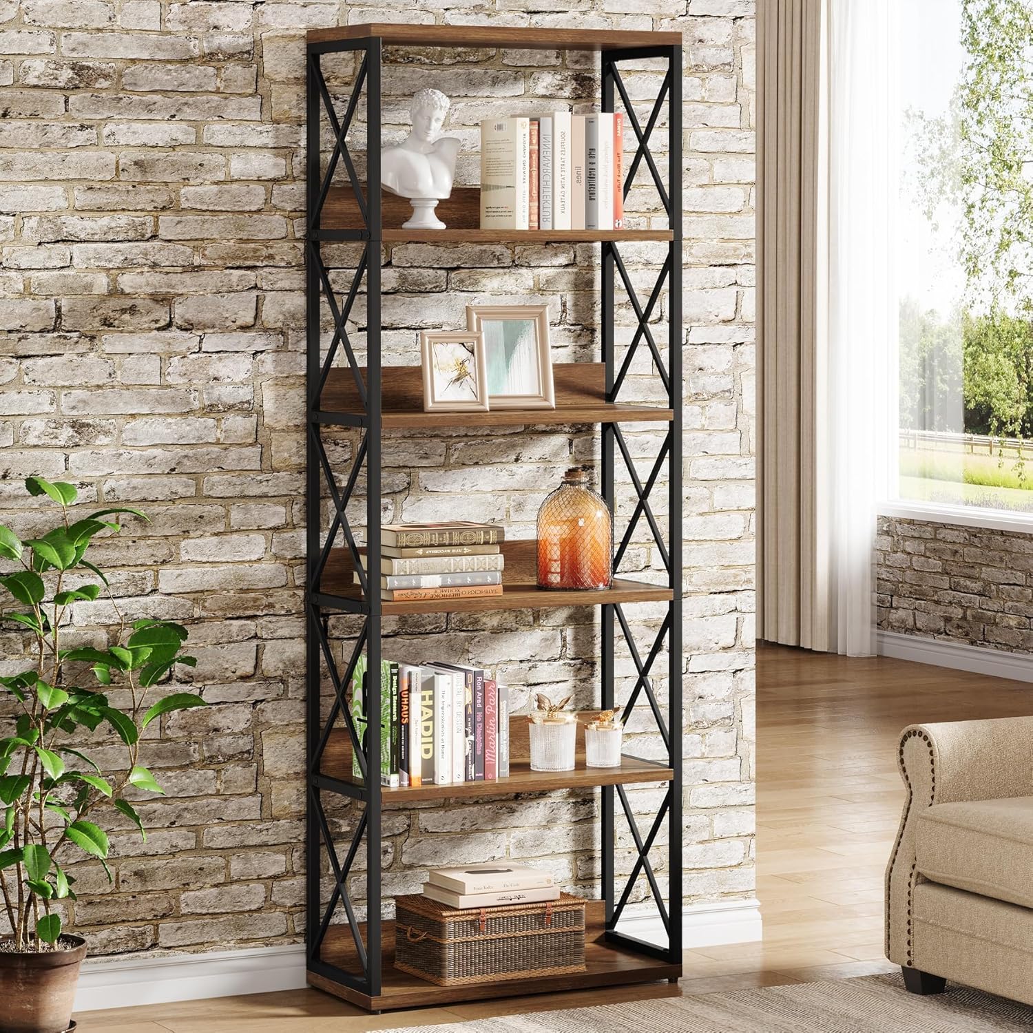 Tribesigns Industriële Boekenkast 178 cm, Open Kast met 6 Planken