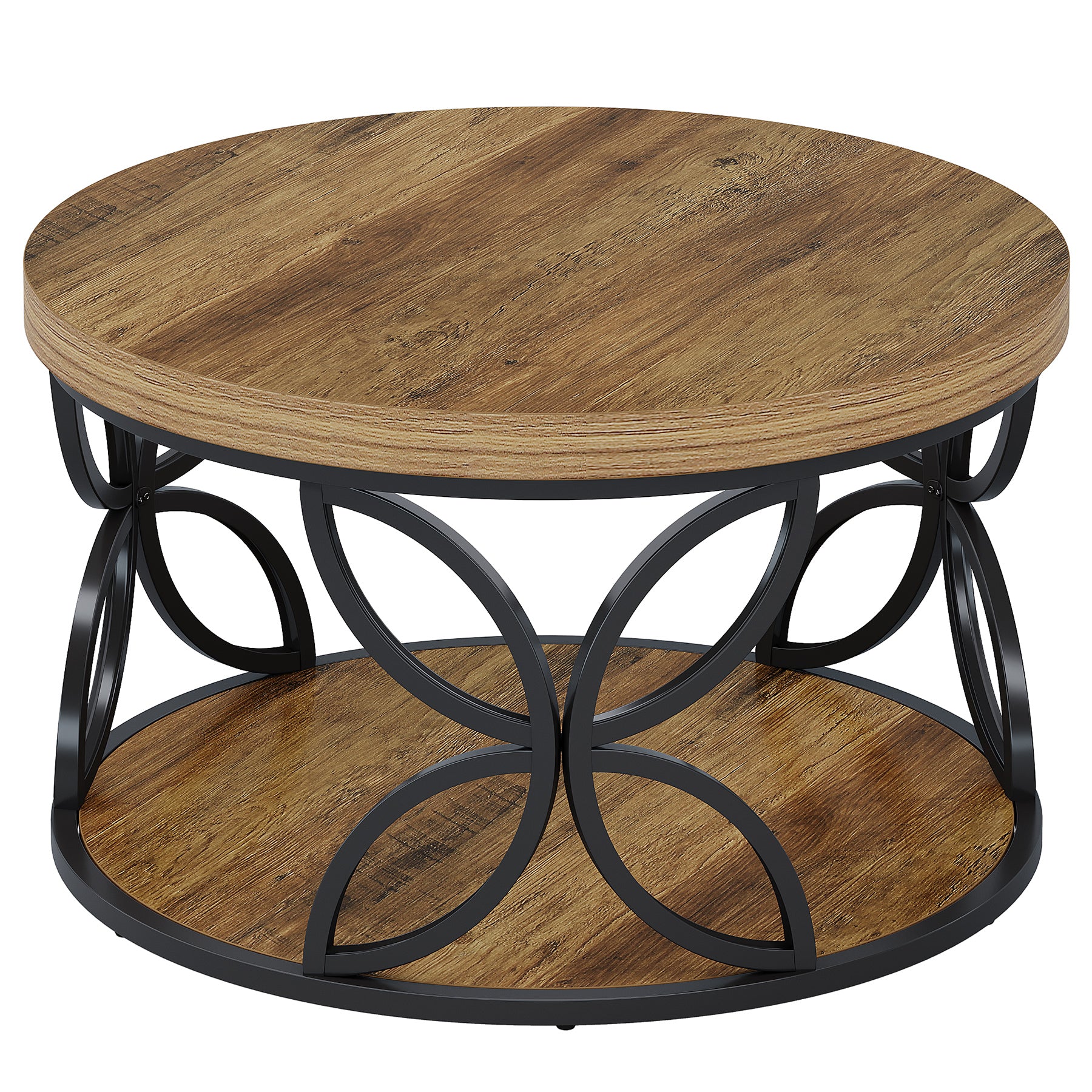 Ronde salontafel van 80 cm met opbergniveau, houten tafel met metalen frame voor woonkamer