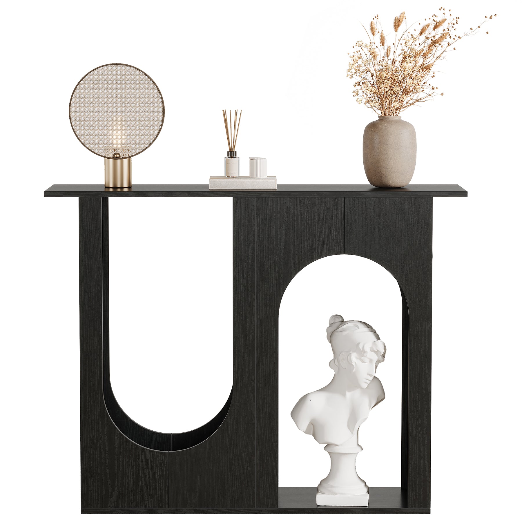 90 cm Zwarte Banktafel, Smalle Consoletafel met Gebogen Design voor Entree en Woonkamer