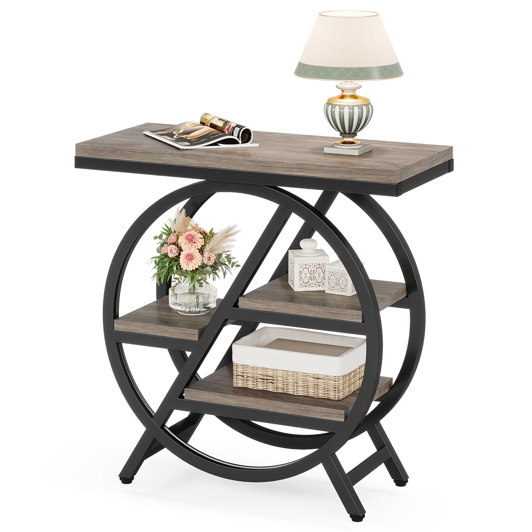 65 cm Drieplanken Bijzettafel, Industriële Houten Tafel met Geometrisch Frame voor Woonkamer