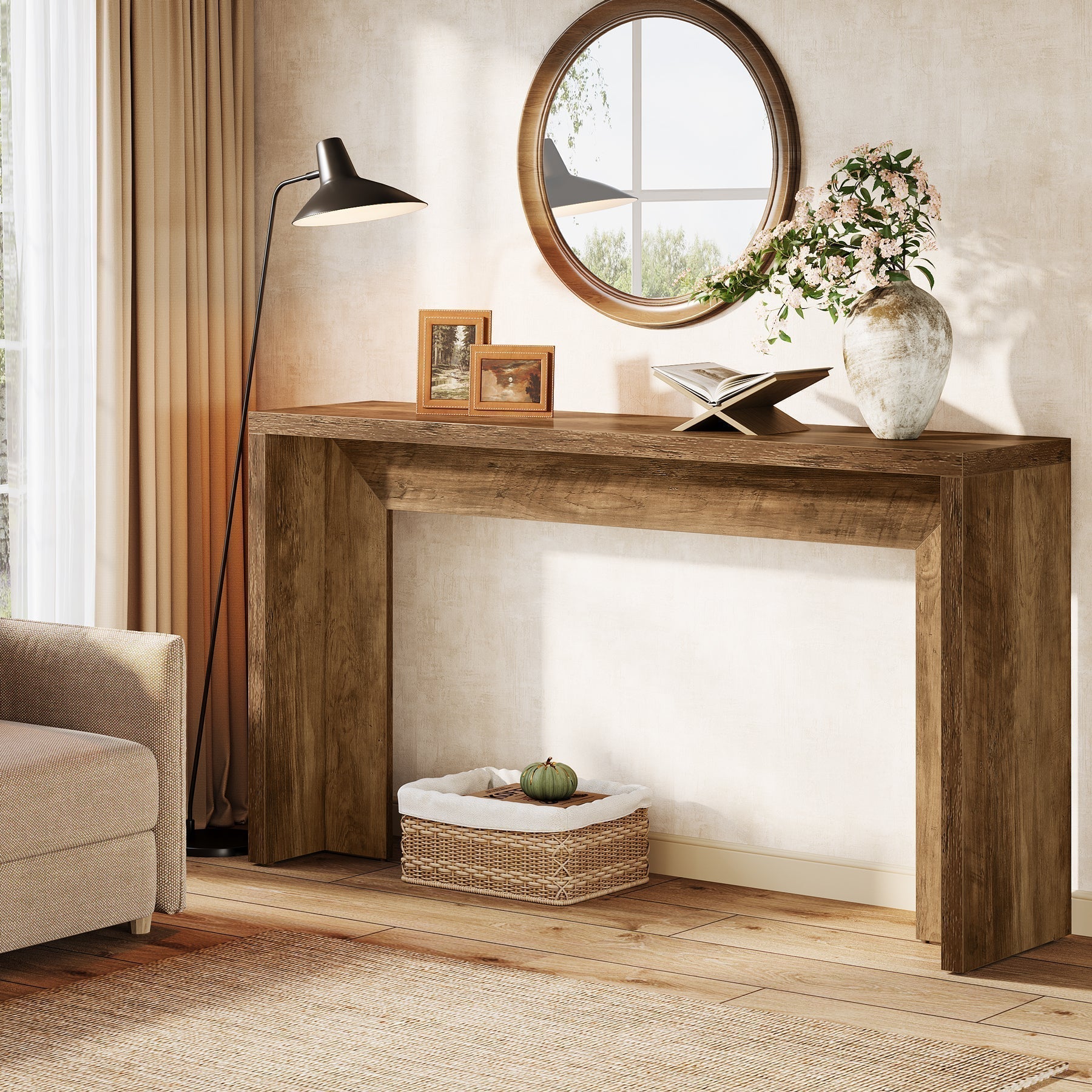 140 cm Farmhouse Console Tafel, Houten Banktafel met Opbergruimte Voor Woonkamer