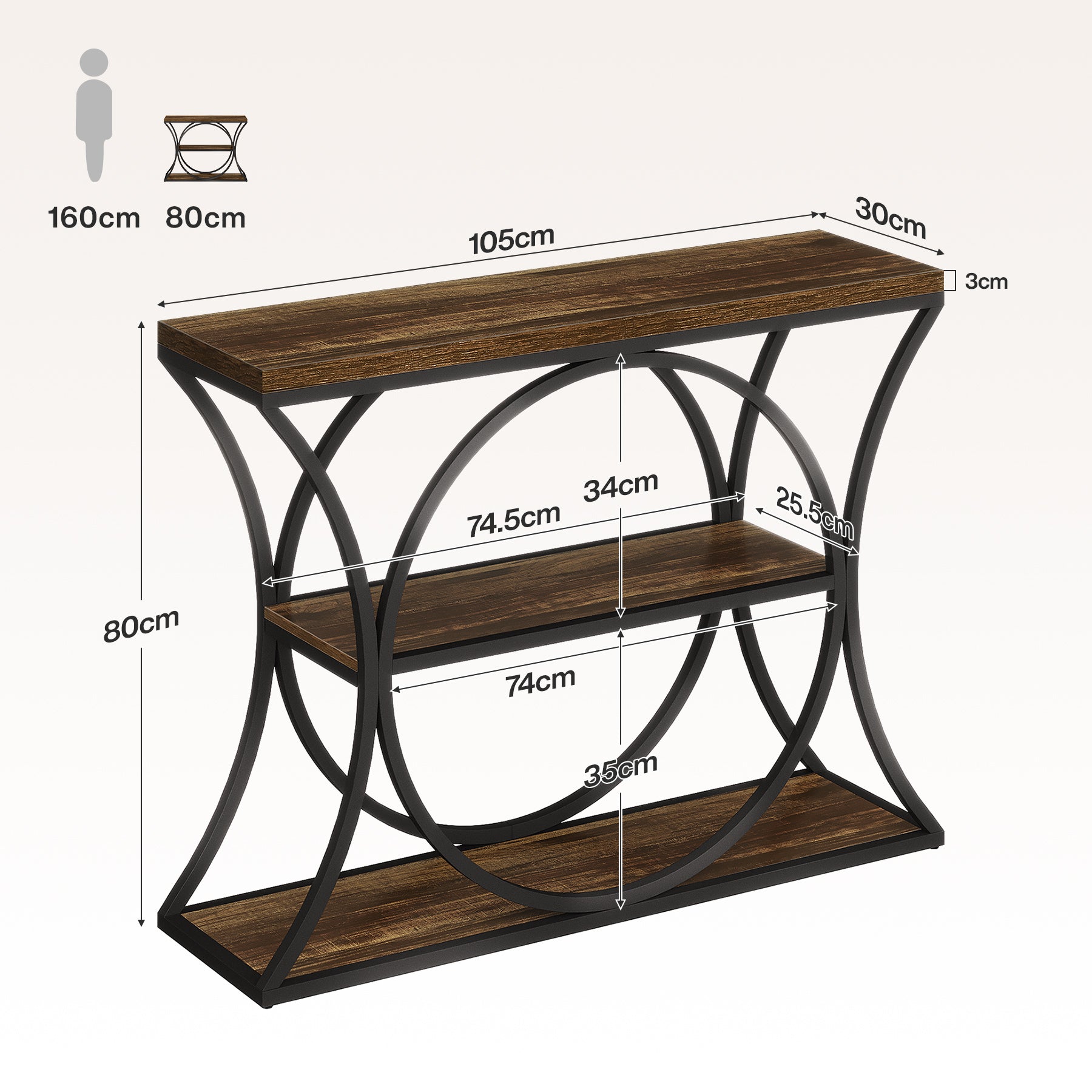 105 cm Tribesigns Industriële Consoletafel, 3-Laagse Sidetable met Boogframe