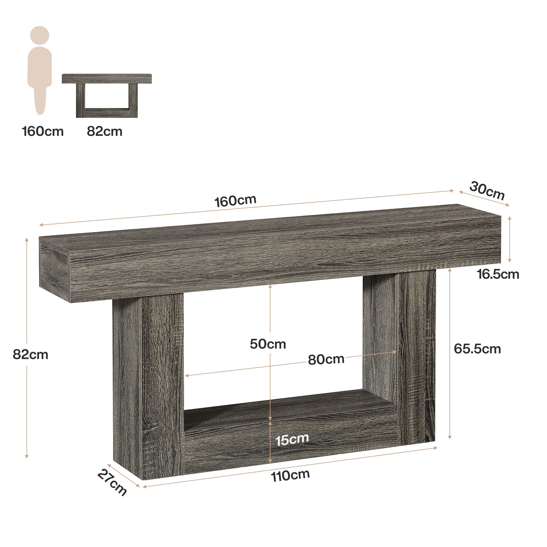 160 cm Boerenstijl Consoletafel, Tweelaagse Entreetafel met Opbergruimte in Rustiek Bruin