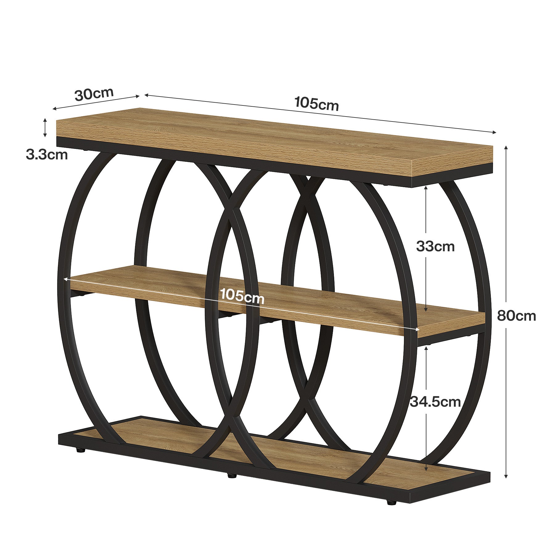 105 cm Industriële Consoletafel, 3-laags Sidetable met Opbergruimte