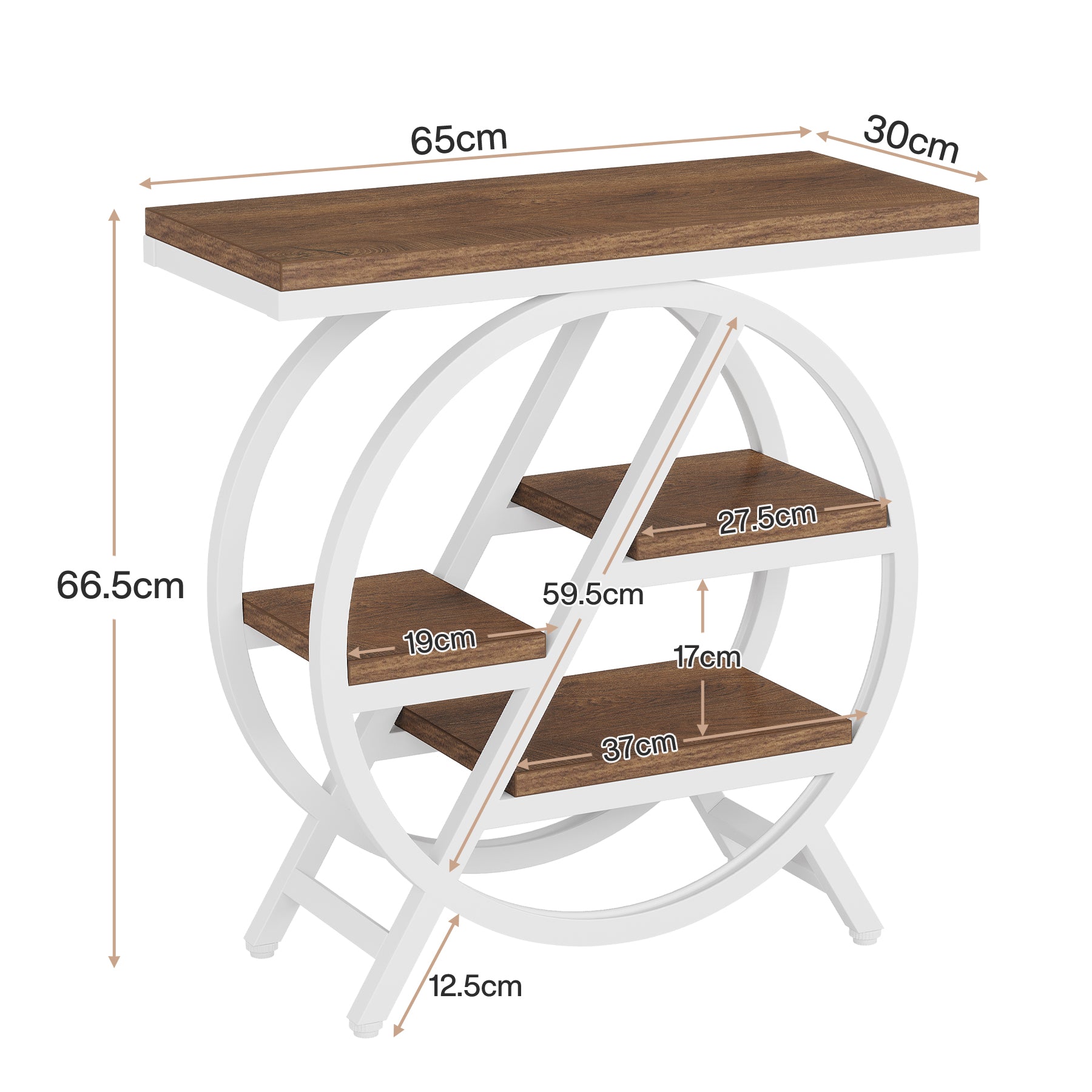 65 cm Drieplanken Bijzettafel, Industriële Houten Tafel met Geometrisch Frame voor Woonkamer