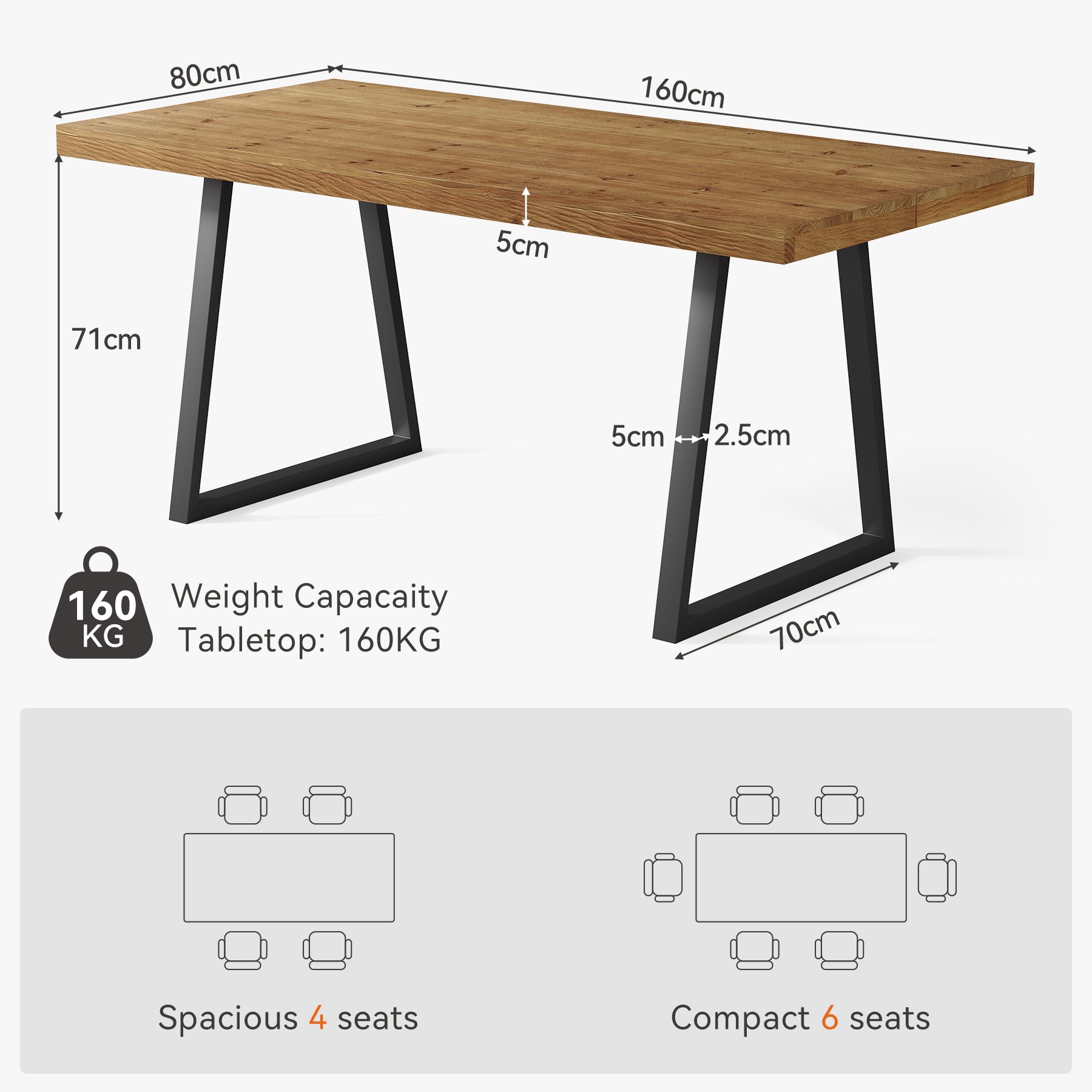 160 cm Industriele Eettafel, Massief Houten Rechthoek met Robuust Metaal Onderstel