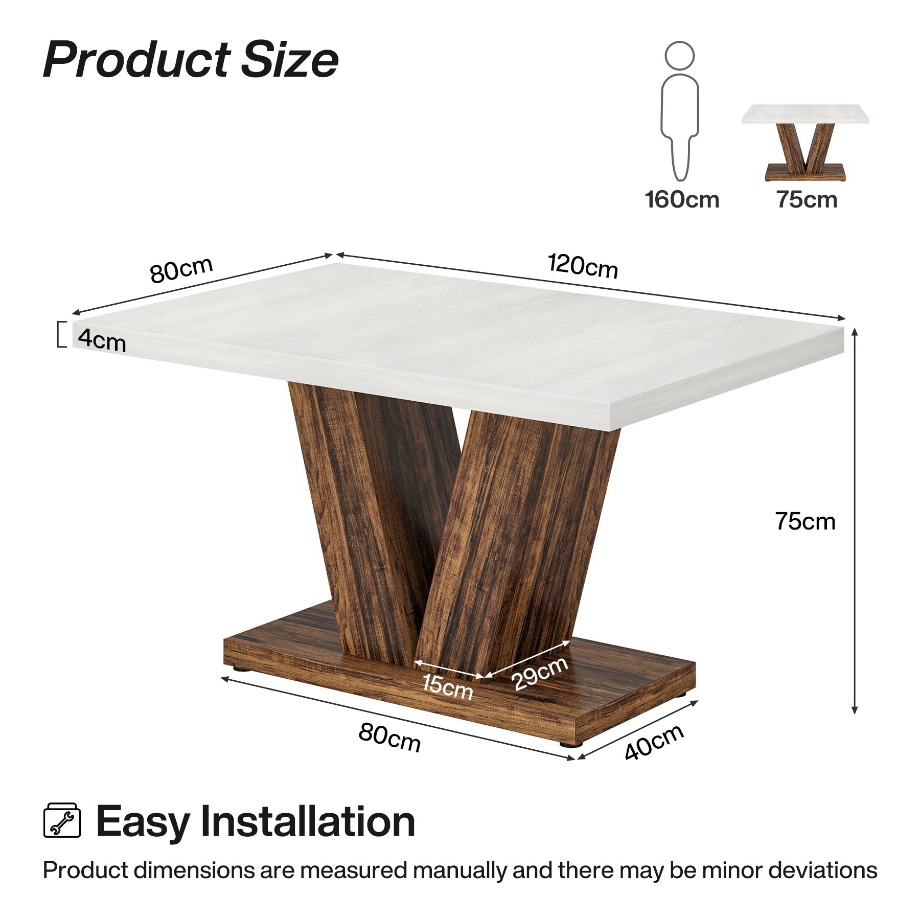 Witte Eettafel voor Vier Personen, 120 cm Landelijke Tafel met Zware Sokkel