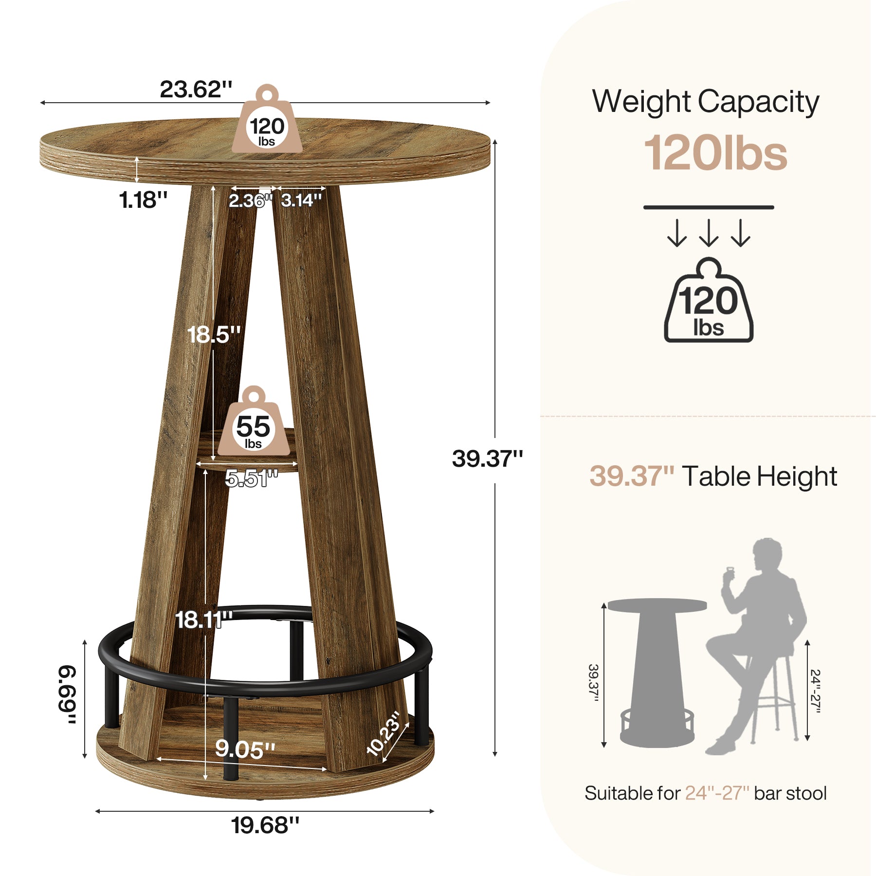 100 cm Ronde Bartafel met Opbergruimte, Industriële Bistrotafel voor Woonkamer Bar Kleine Ruimtes