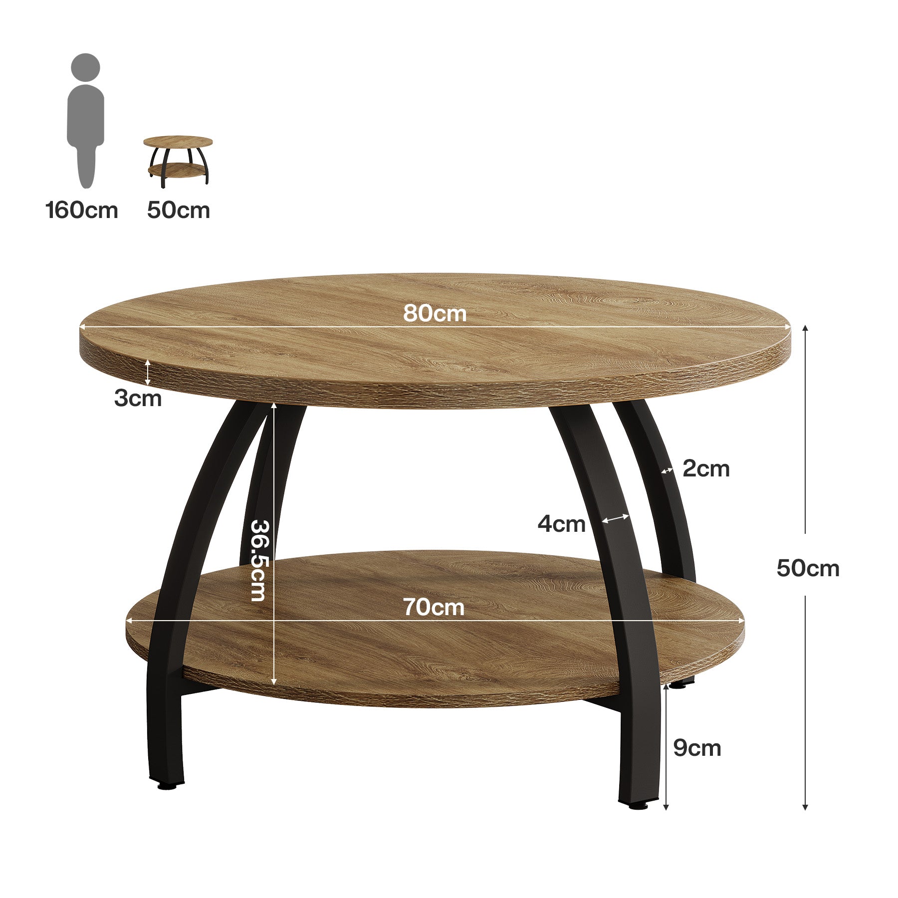 Tribesigns Ronde Salontafel van 80 cm met 2 Niveaus Opbergruimte, Centrale Woonkamertafel