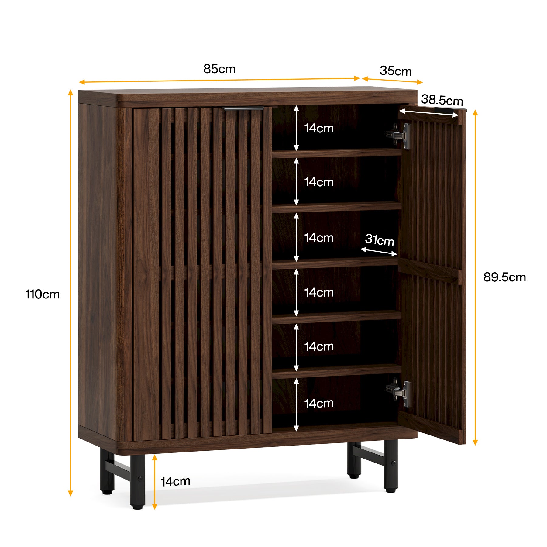 110 cm Retro Schoenenkast, Zes Planken Opbergmeubel met Verstelbare Schappen