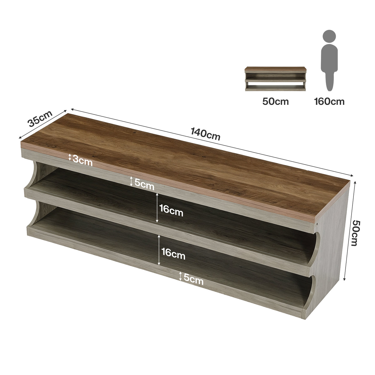 140 cm schoenenbank met 3-laags schoenenrek en stabiele opbergruimte, entreebank voor hal en slaapkamer