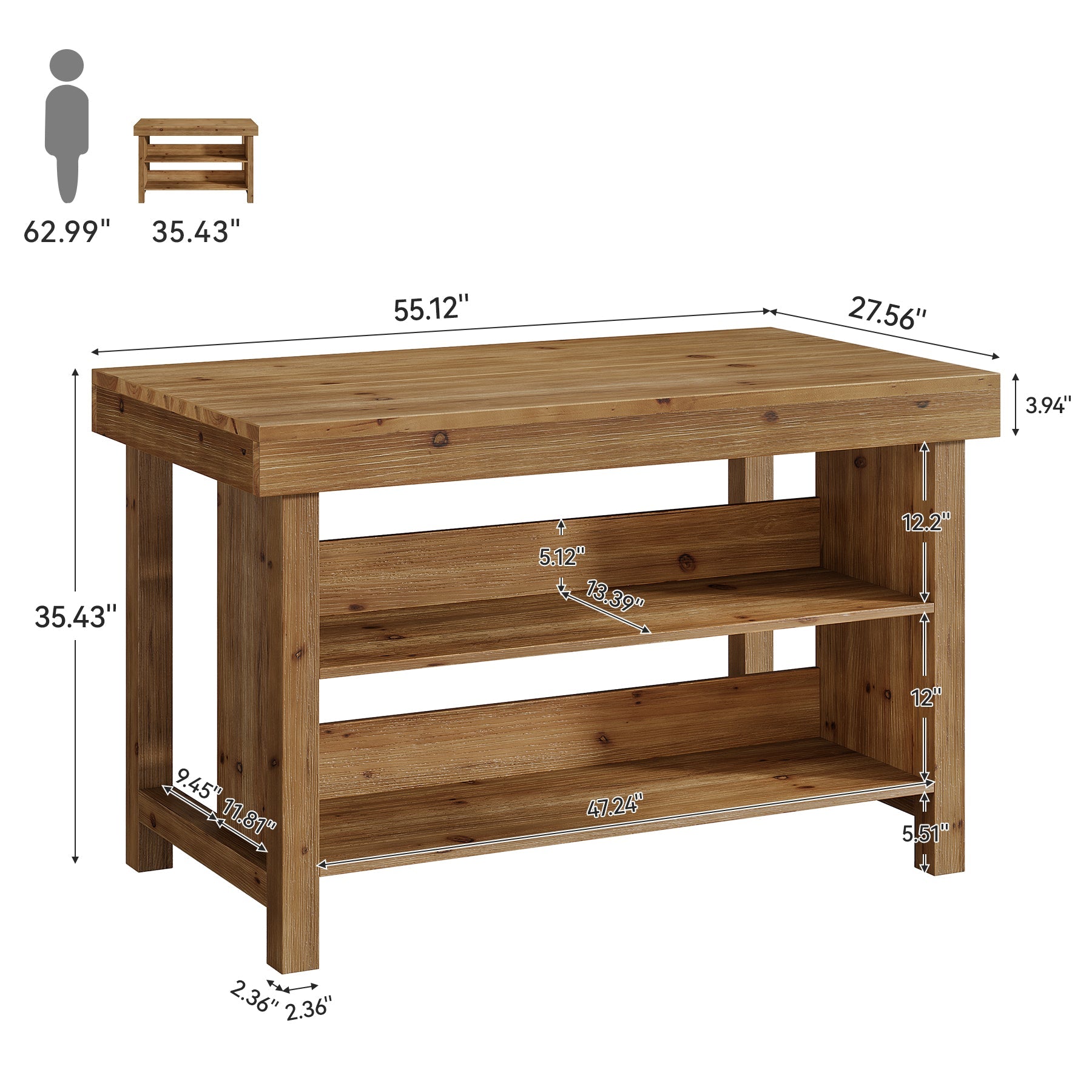 140 cm landelijke bartafel, 3-laags barunit van massief hout met open opbergplanken